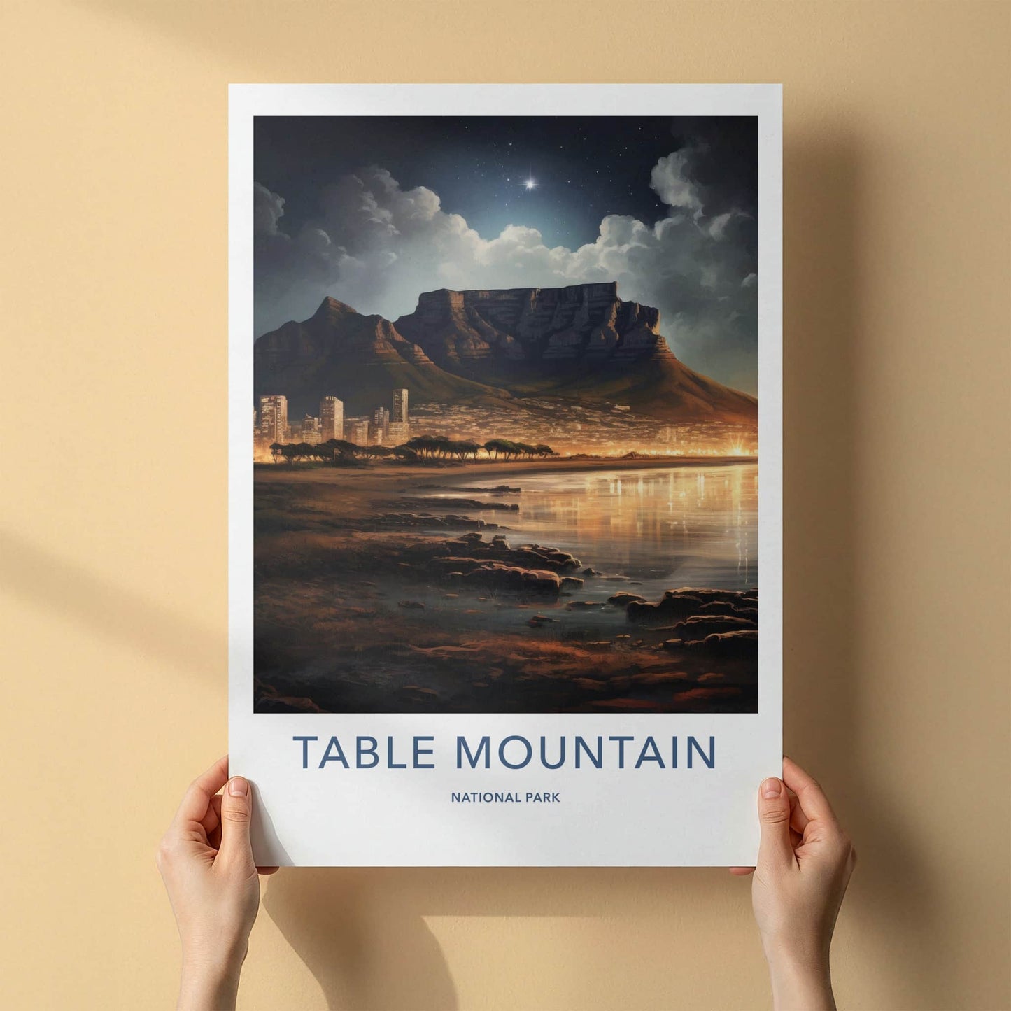 Table Mountain Poster - South Africa Travel Art - Starry Night City Home Decor