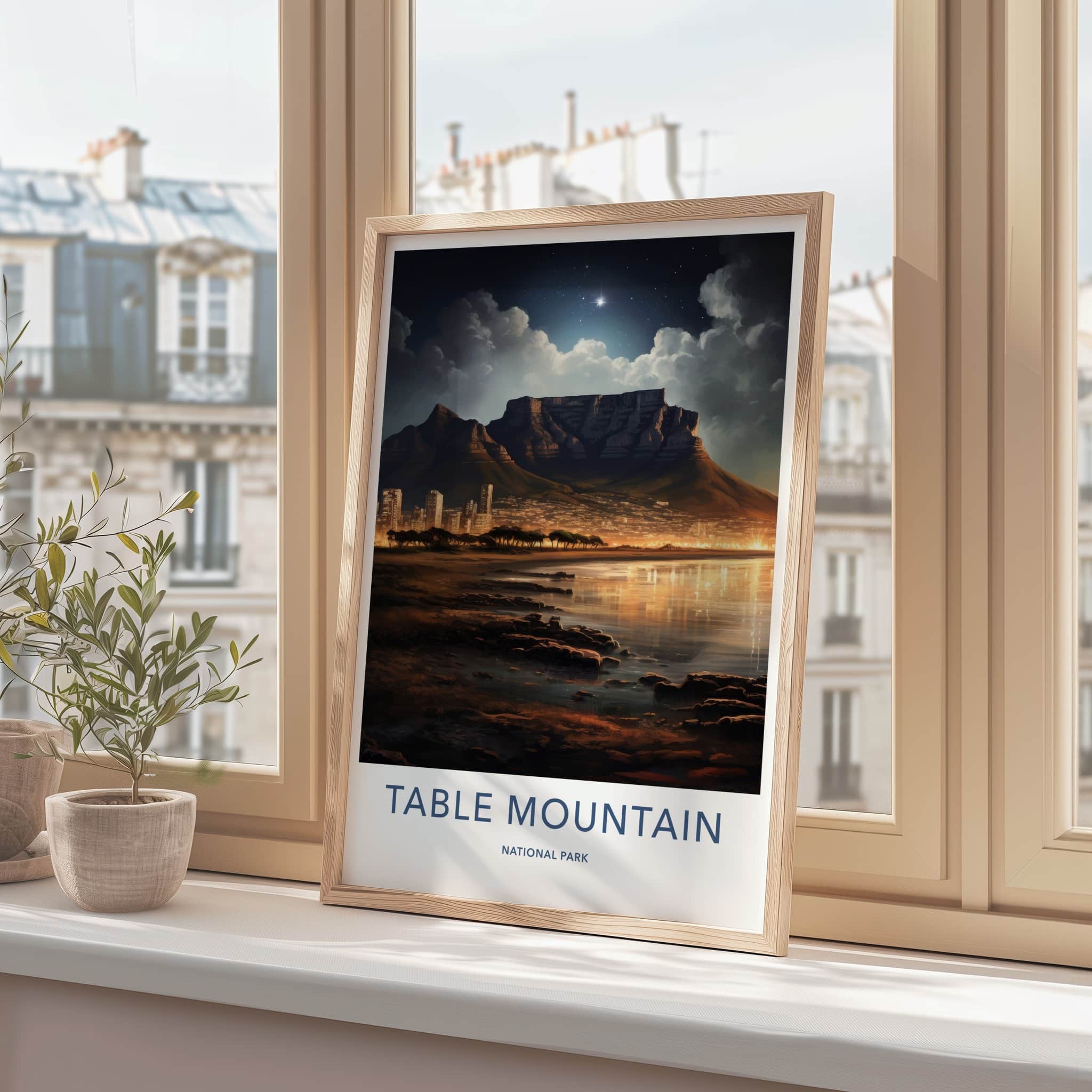 Table Mountain Poster - South Africa Travel Art - Starry Night City Home Decor