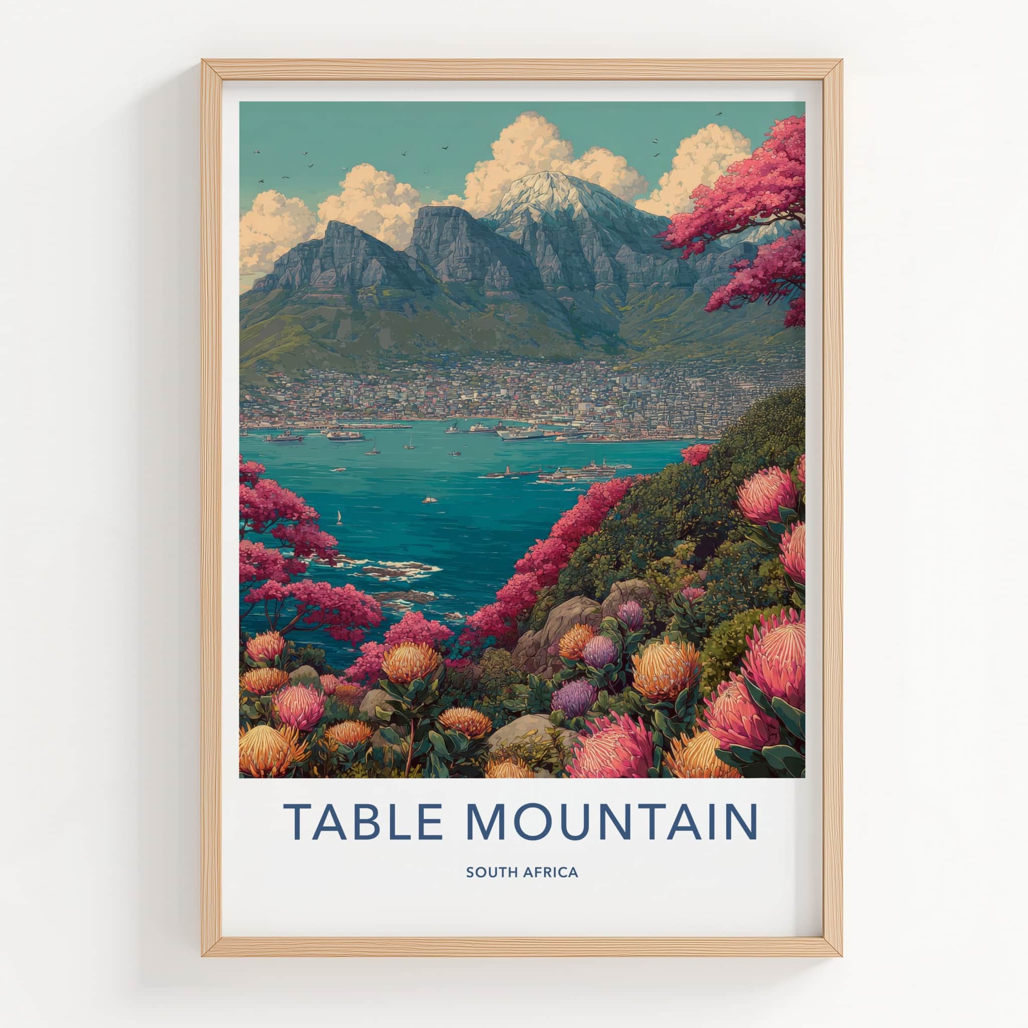 Table Mountain Poster - South Africa Vibrant Cityscape Framed Art