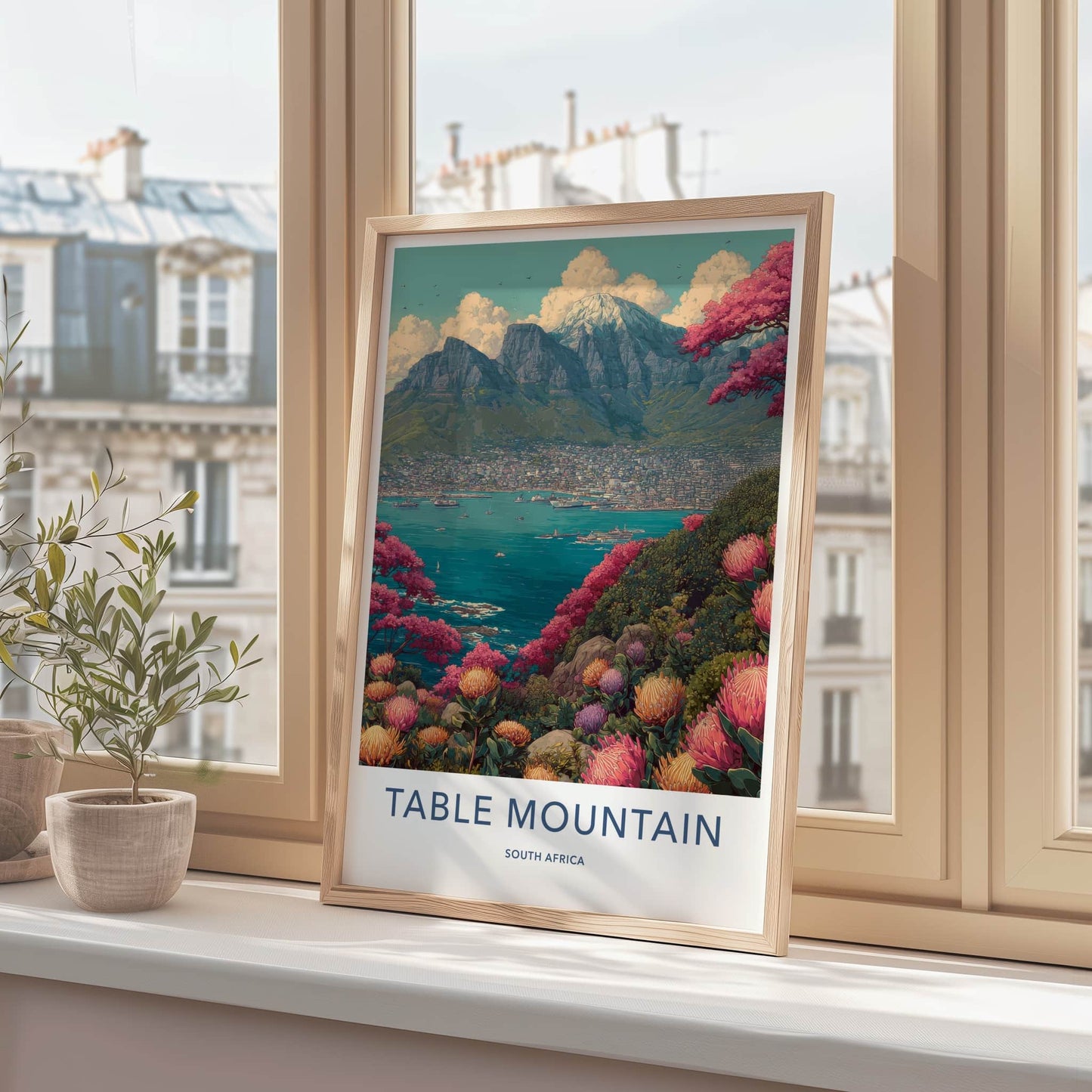 Table Mountain Poster - South Africa Vibrant Cityscape Framed Art