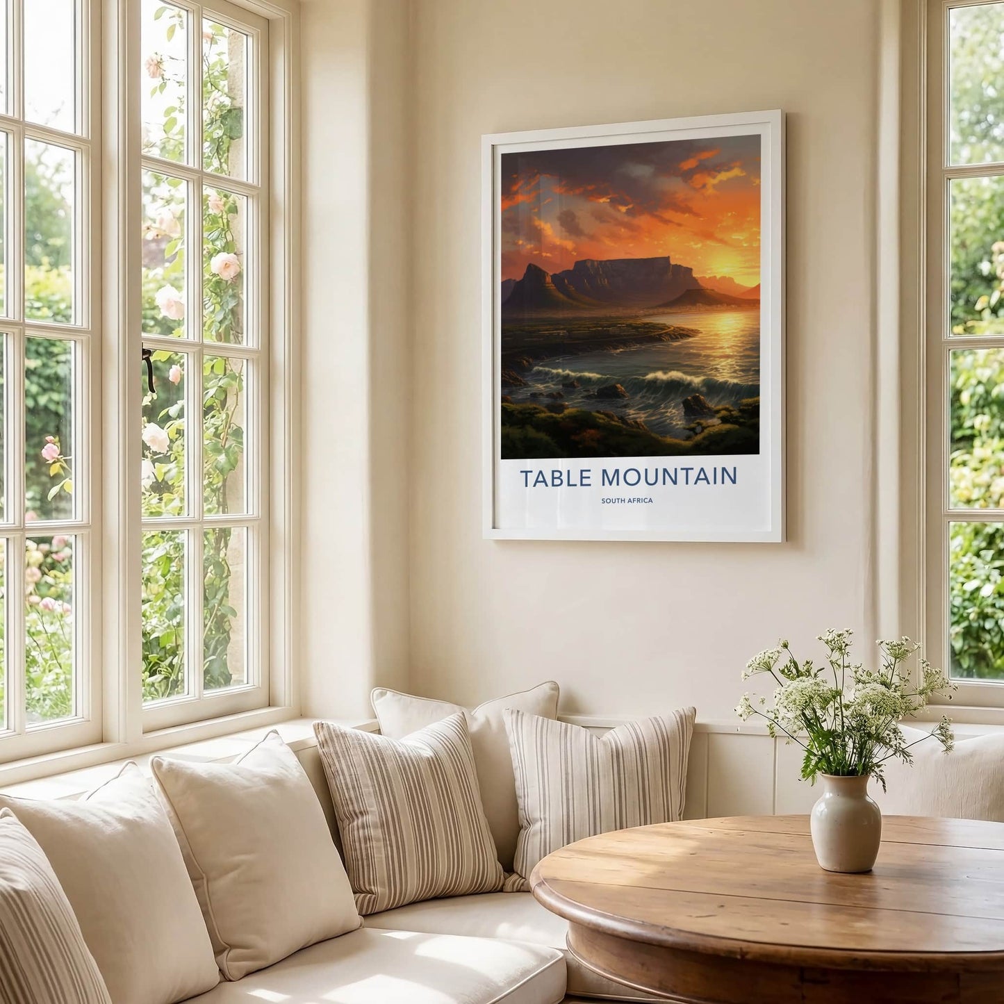 Table Mountain Poster - South Africa Wall Art - Golden Sunset Waves Home Decor