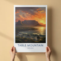 Table Mountain Poster - South Africa Wall Art - Golden Sunset Waves Home Decor