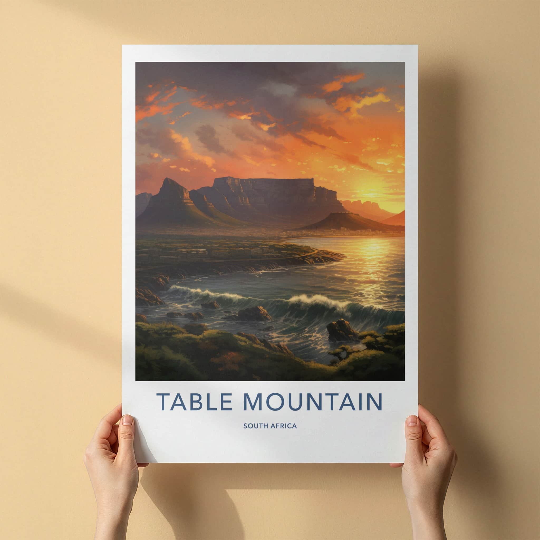 Table Mountain Poster - South Africa Wall Art - Golden Sunset Waves Home Decor