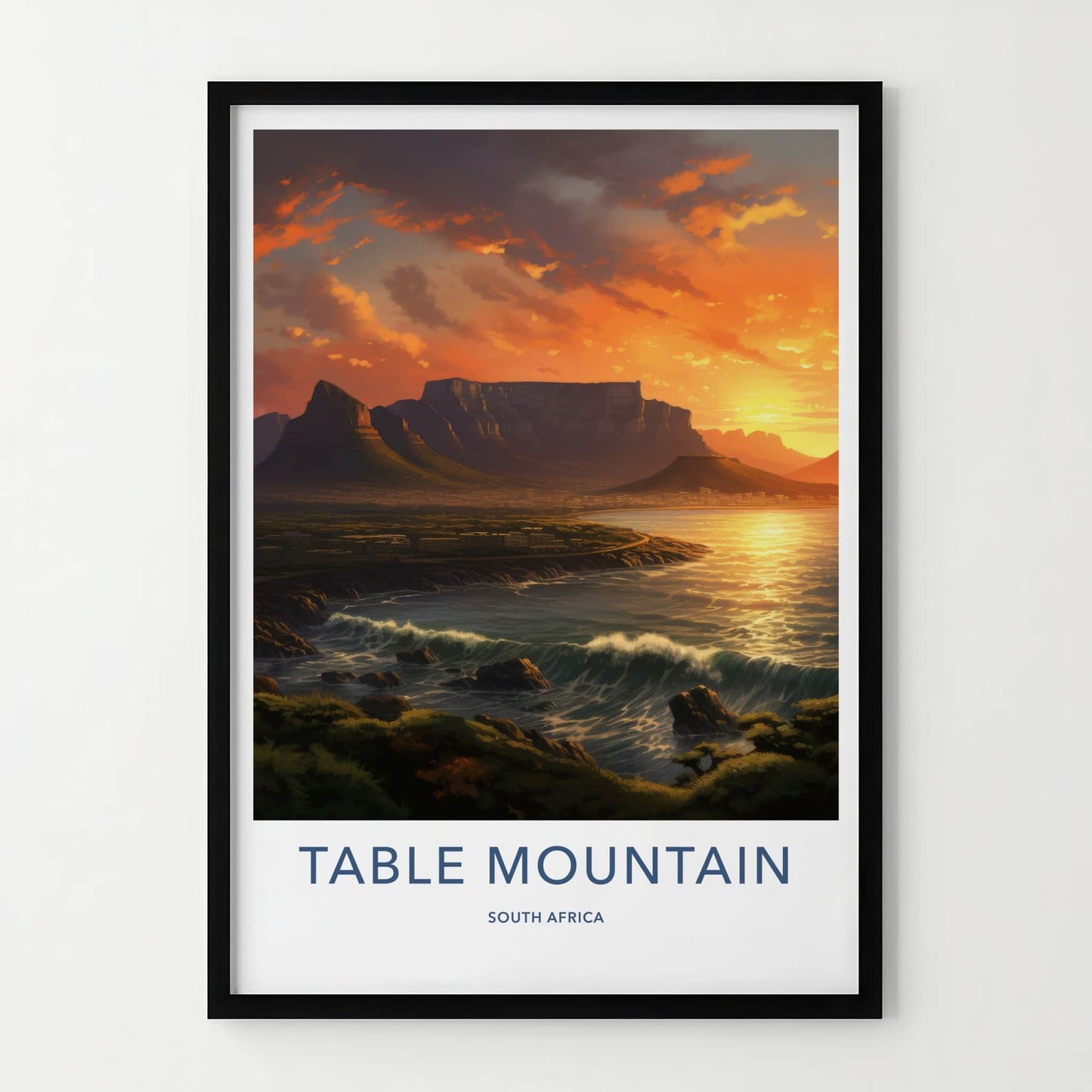 Table Mountain Poster - South Africa Wall Art - Golden Sunset Waves Home Decor