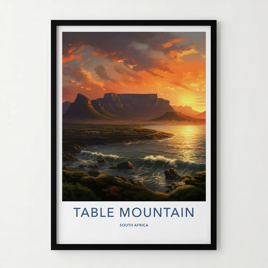 Table Mountain Poster - South Africa Wall Art - Golden Sunset Waves Home Decor