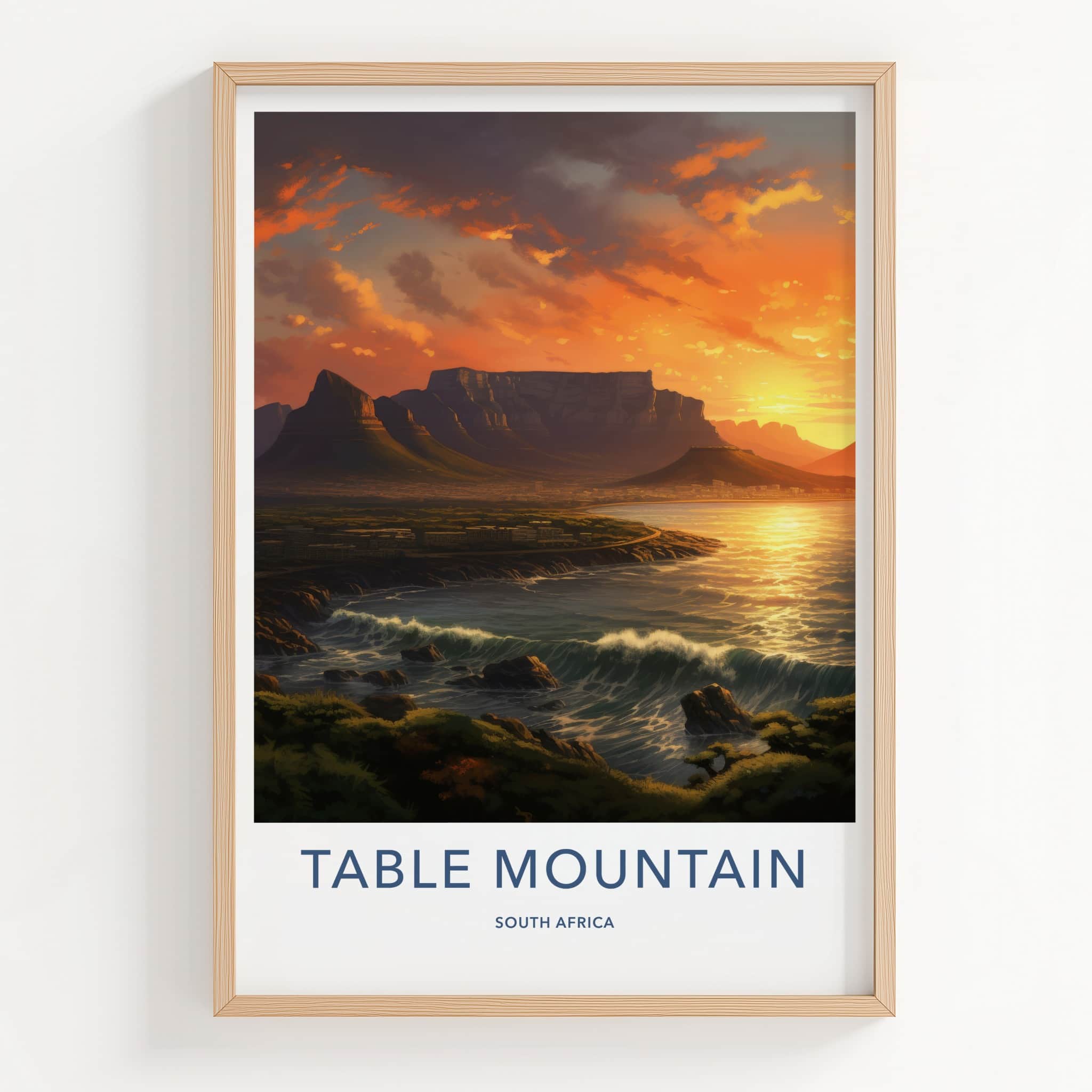 Table Mountain Poster - South Africa Wall Art - Golden Sunset Waves Home Decor