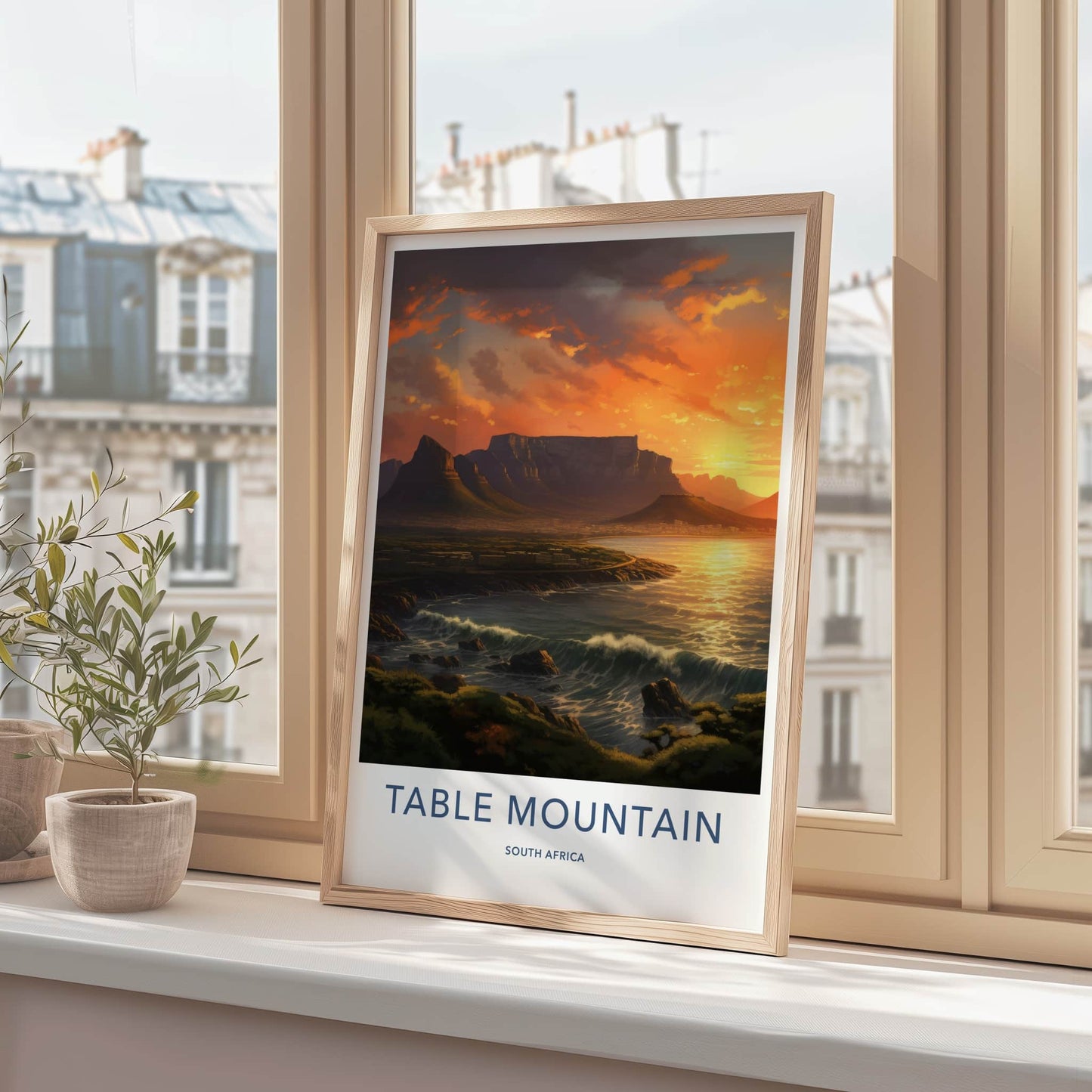 Table Mountain Poster - South Africa Wall Art - Golden Sunset Waves Home Decor