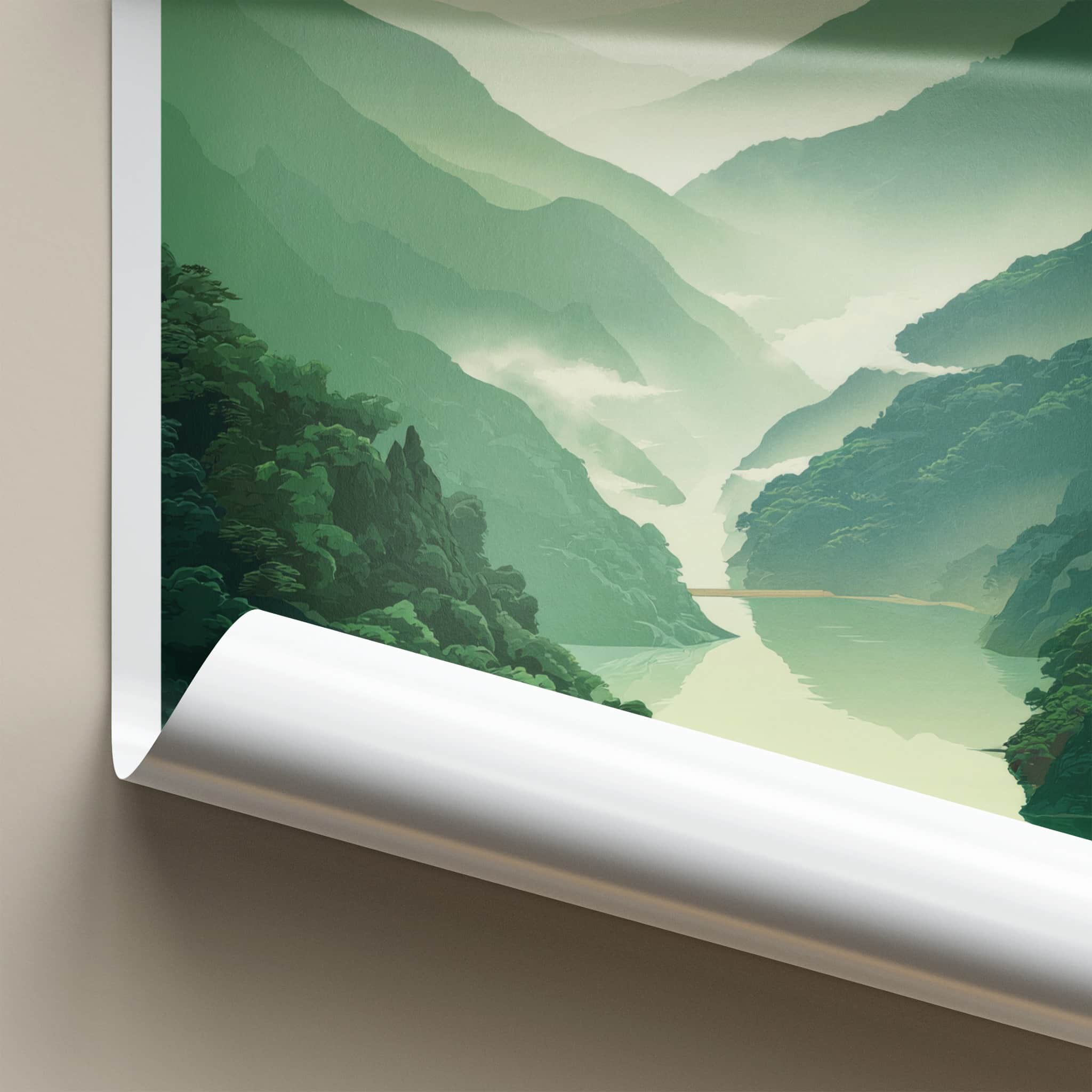 Tadami-Gawa Poster - Japan Travel Art - Forested Valley Mist Home Decor