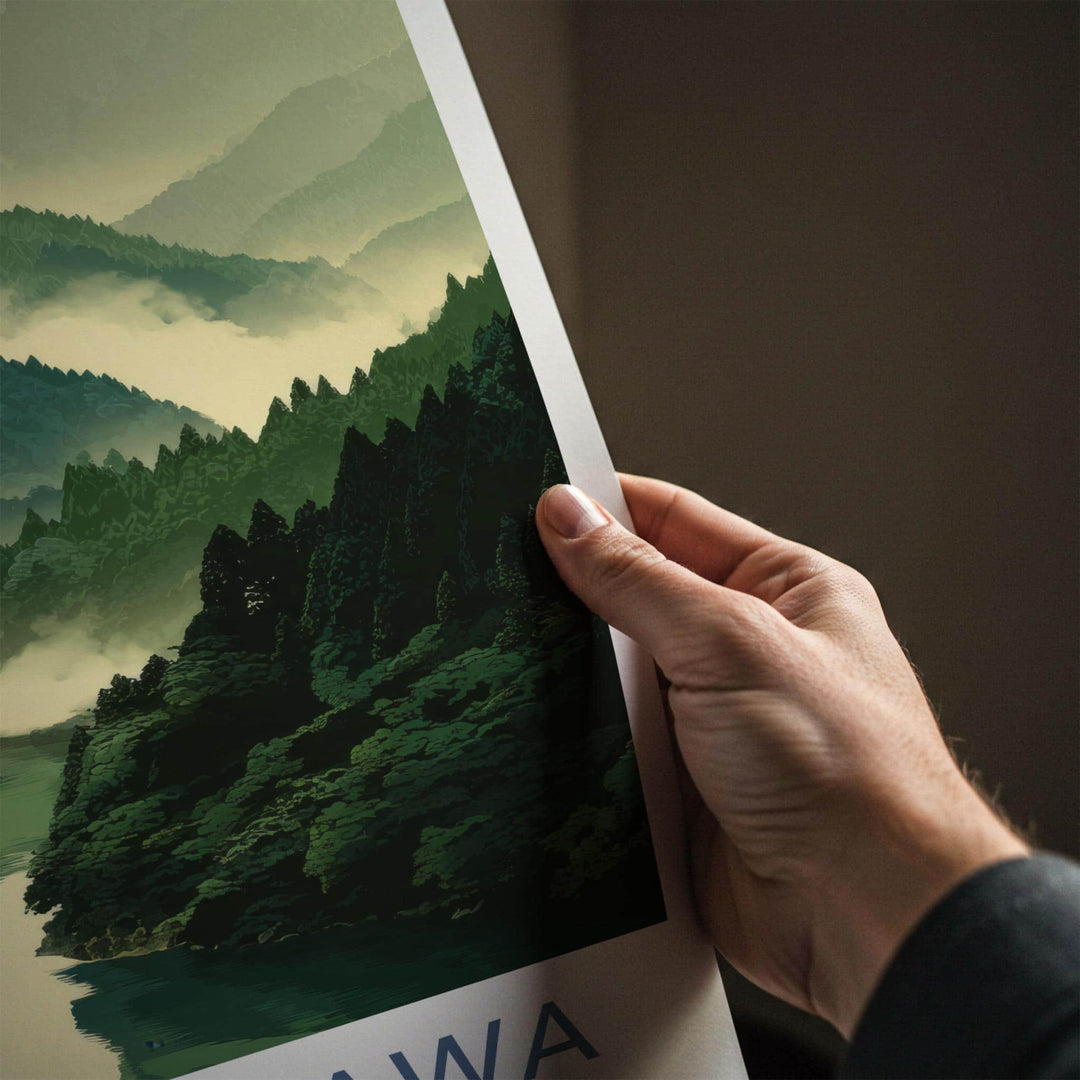 Tadami-Gawa Poster - Japan Travel Art - Misty Green Mountains Home Decor