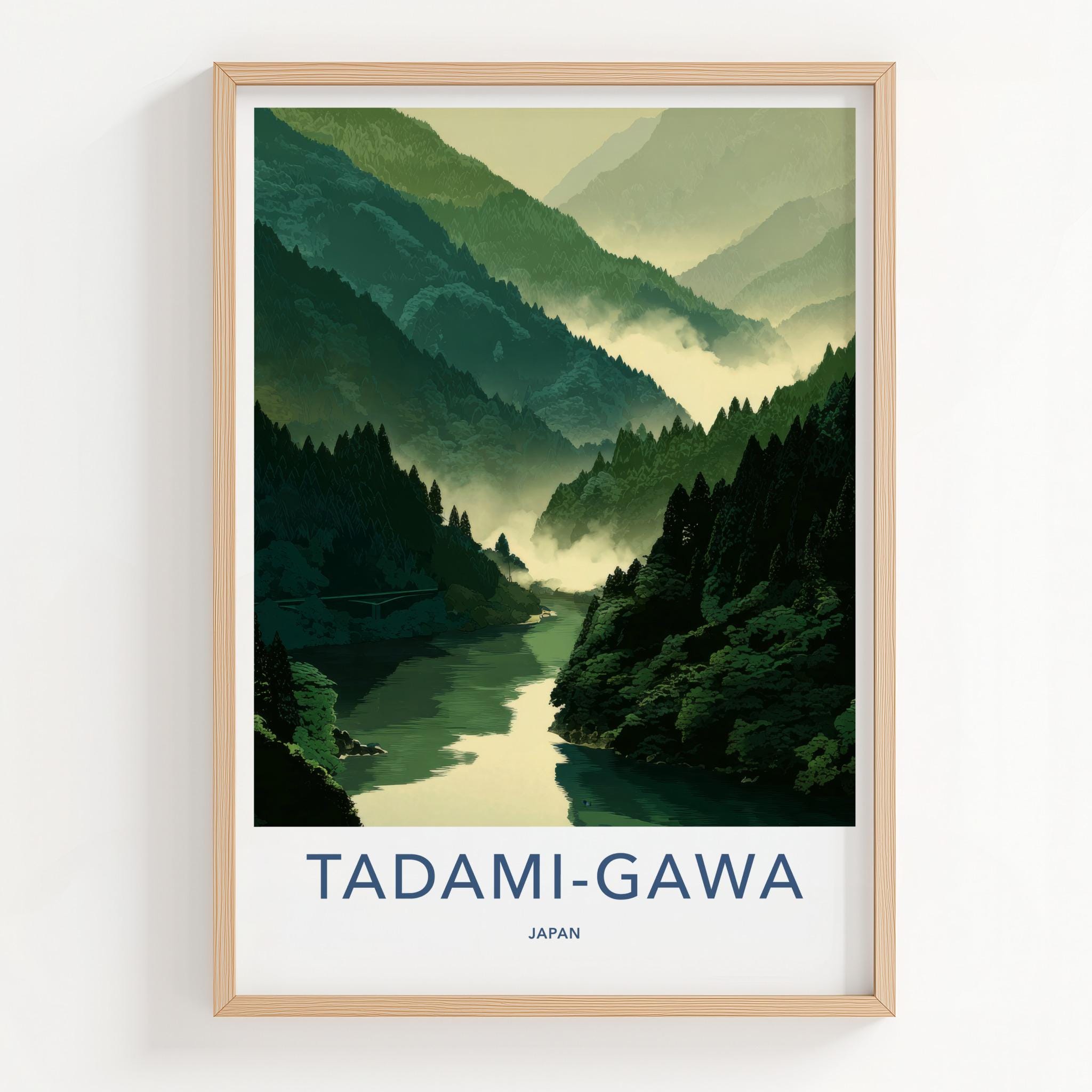 Tadami-Gawa Poster - Japan Travel Art - Misty Green Mountains Home Decor
