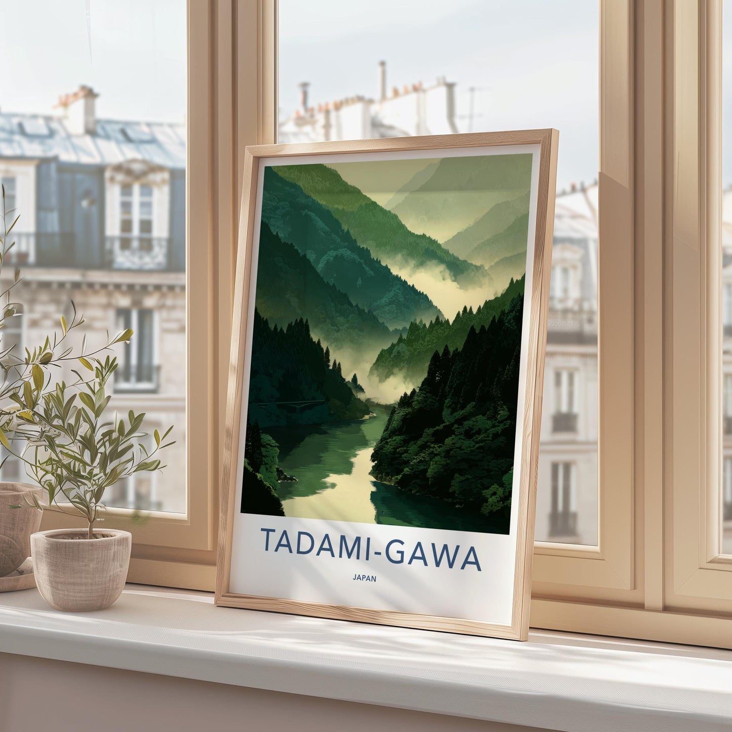 Tadami-Gawa Poster - Japan Travel Art - Misty Green Mountains Home Decor