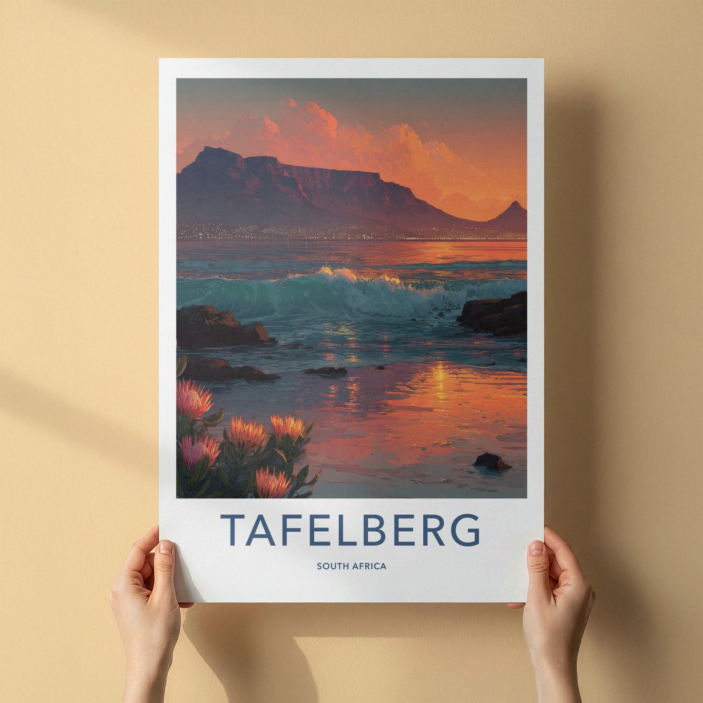 Tafelberg Poster - South Africa Mountain Ocean Proteas Wall Art