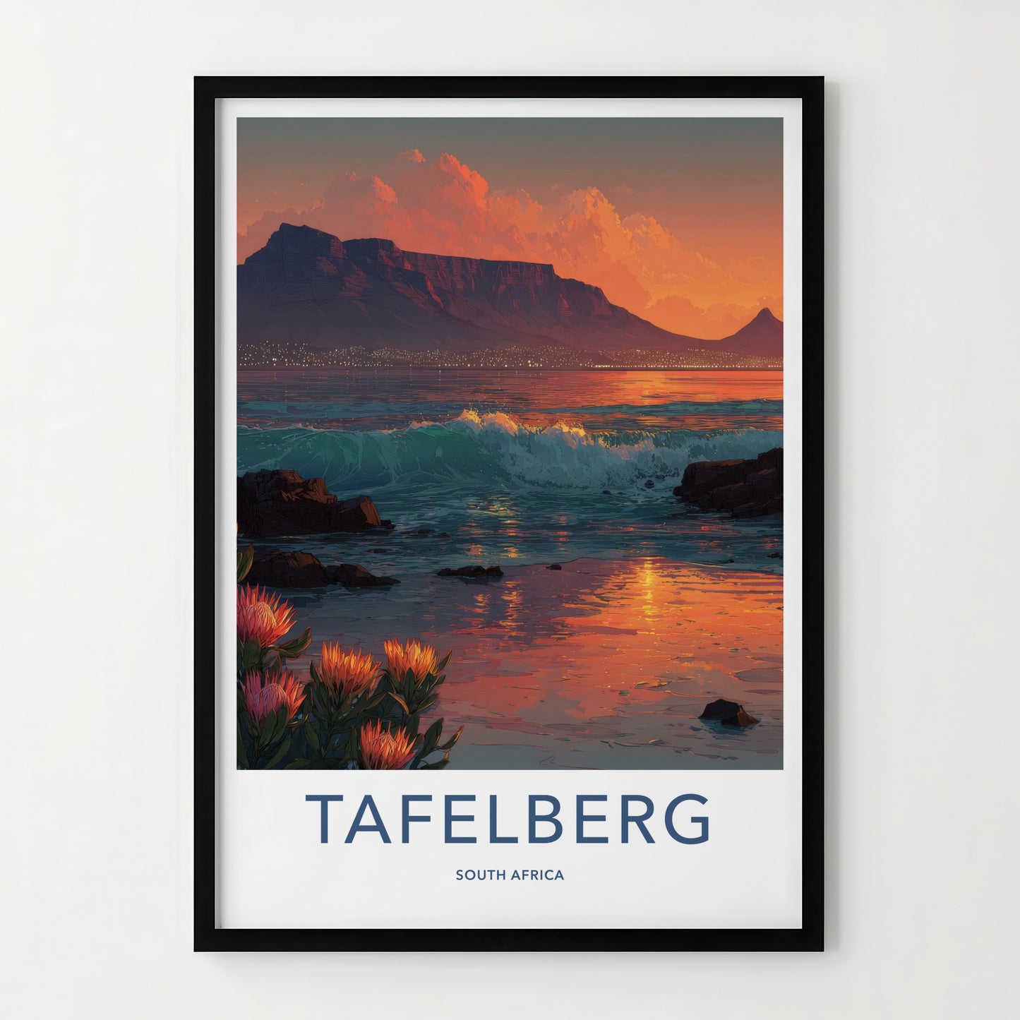 Tafelberg Poster - South Africa Mountain Ocean Proteas Wall Art