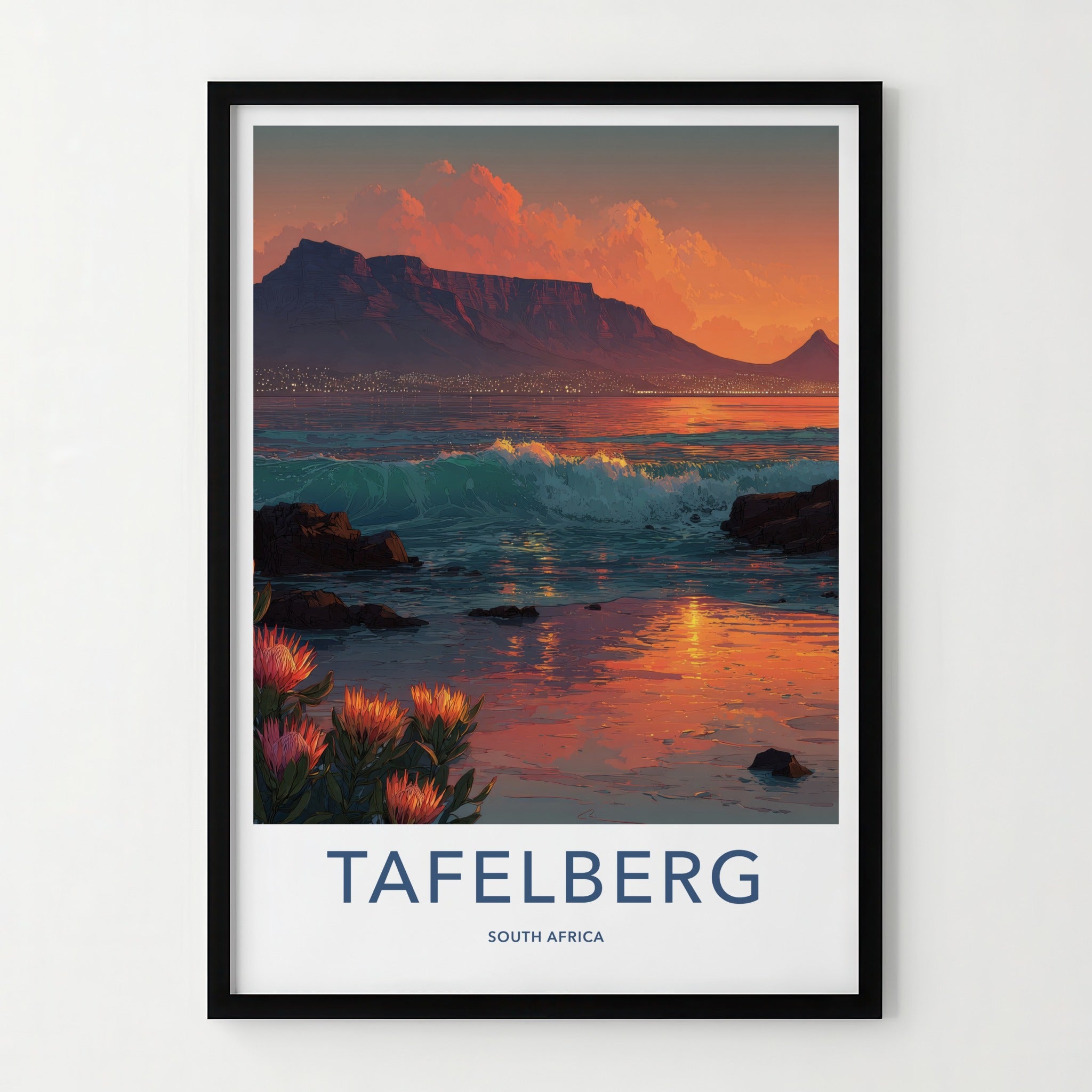 Tafelberg Poster - South Africa Mountain Ocean Proteas Wall Art