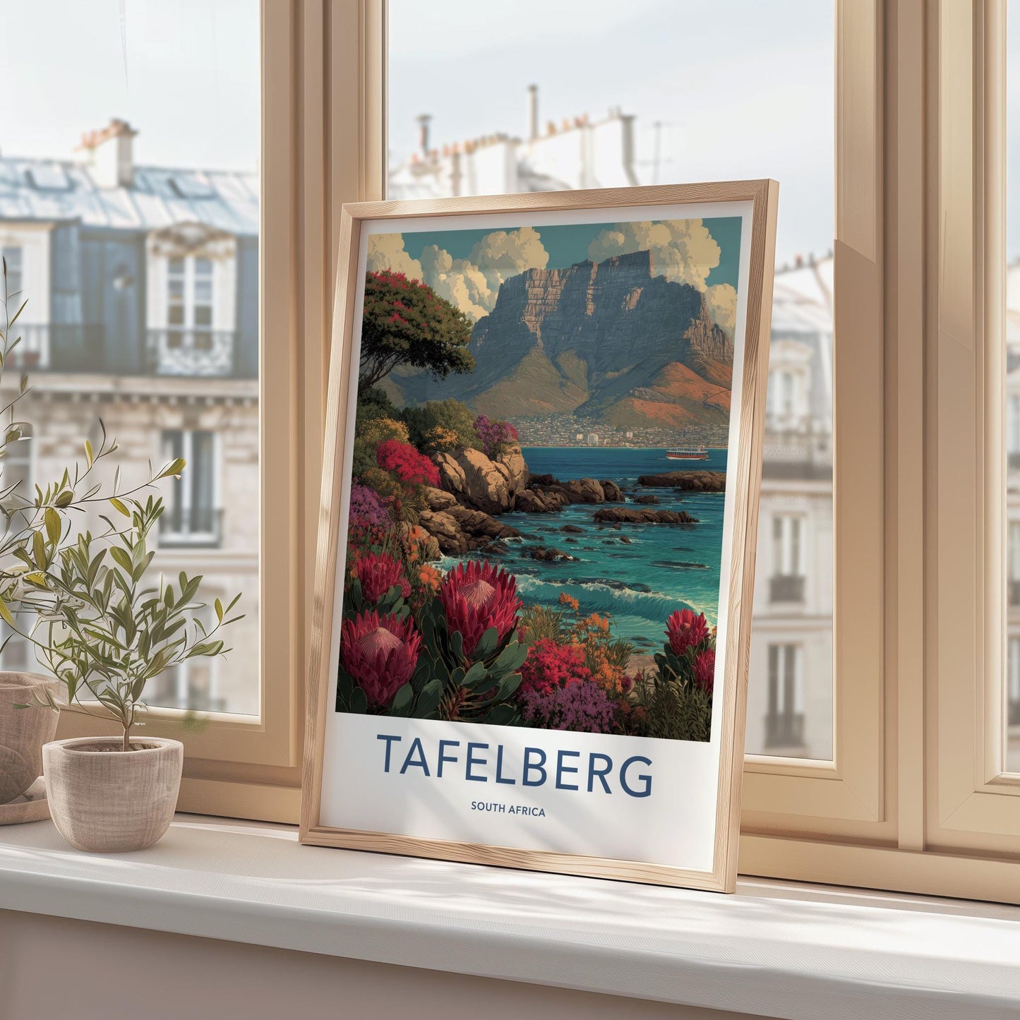 Tafelberg Poster - South Africa Travel Art - Coastal Protea Bloom Wall Decor