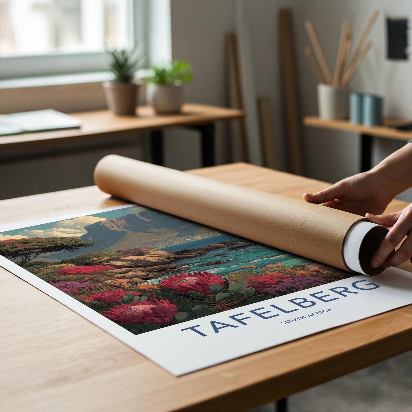 Tafelberg Poster - South Africa Travel Art - Coastal Protea Bloom Wall Decor