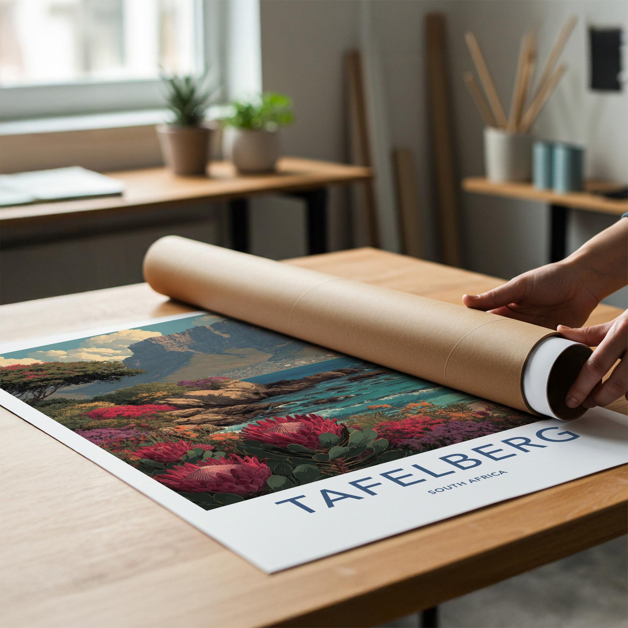 Tafelberg Poster - South Africa Travel Art - Coastal Protea Bloom Wall Decor