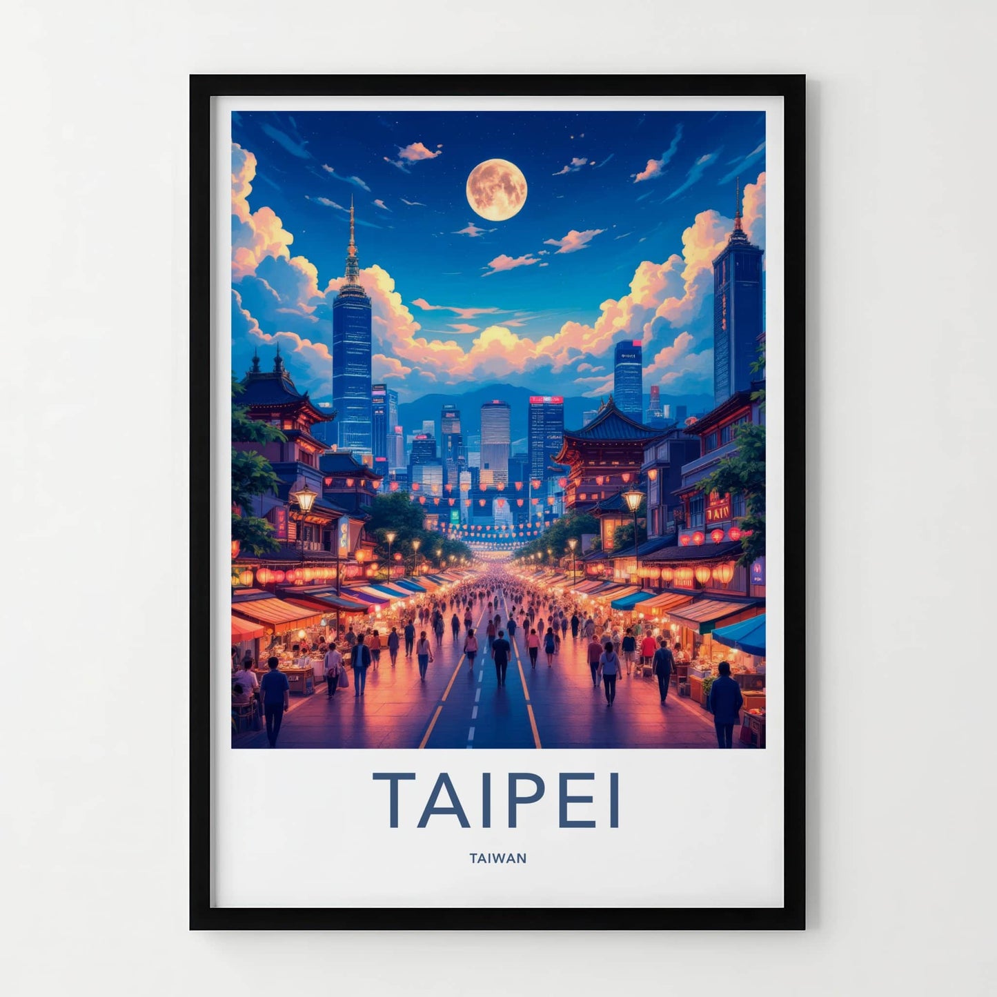 Taipei Poster - Taiwan Framed Print - Vibrant Moonlit Skyline Lounge Decor