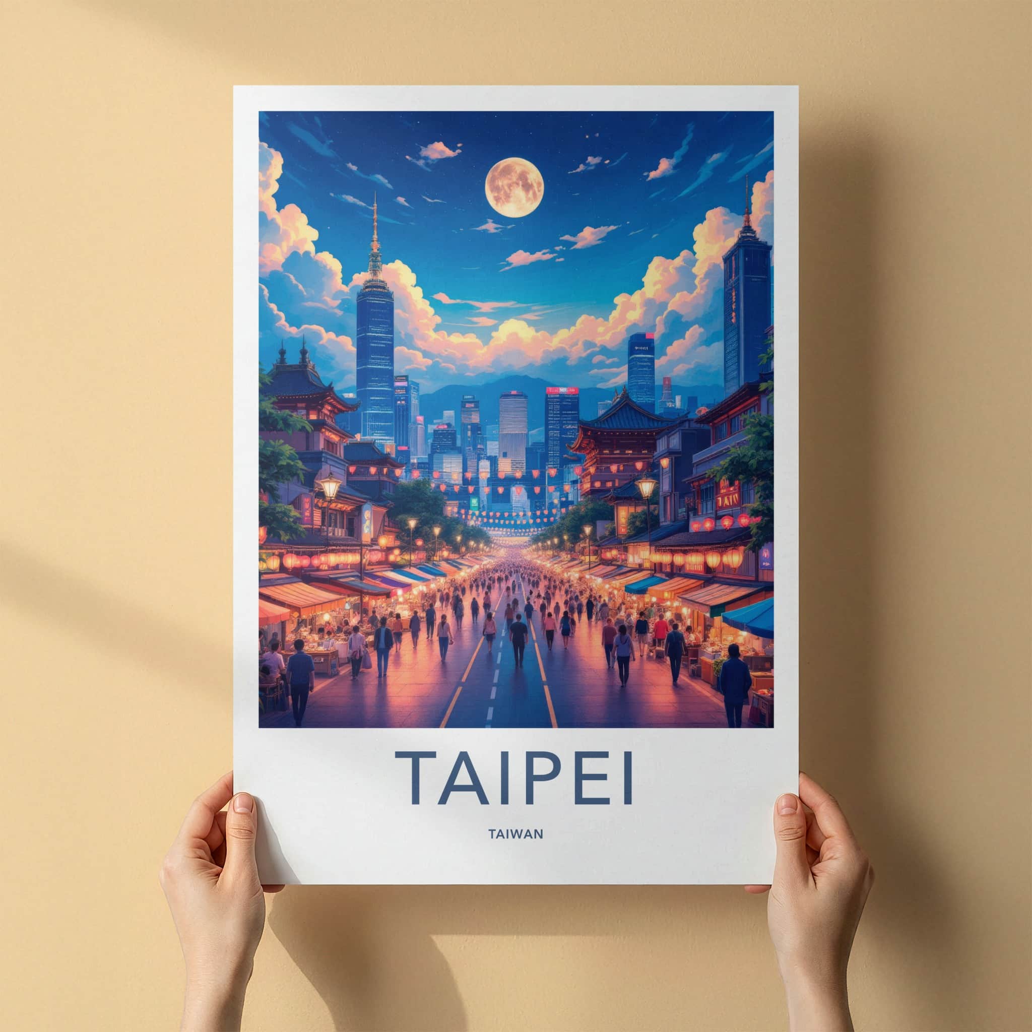 Taipei Poster - Taiwan Framed Print - Vibrant Moonlit Skyline Lounge Decor