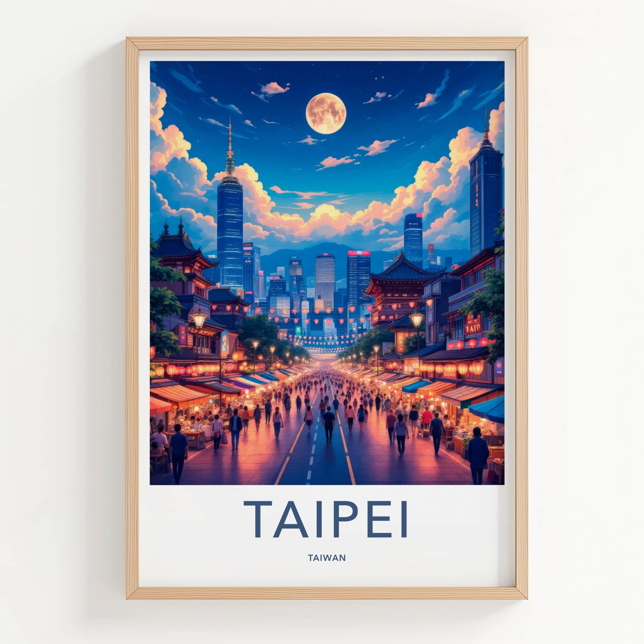 Taipei Poster - Taiwan Framed Print - Vibrant Moonlit Skyline Lounge Decor