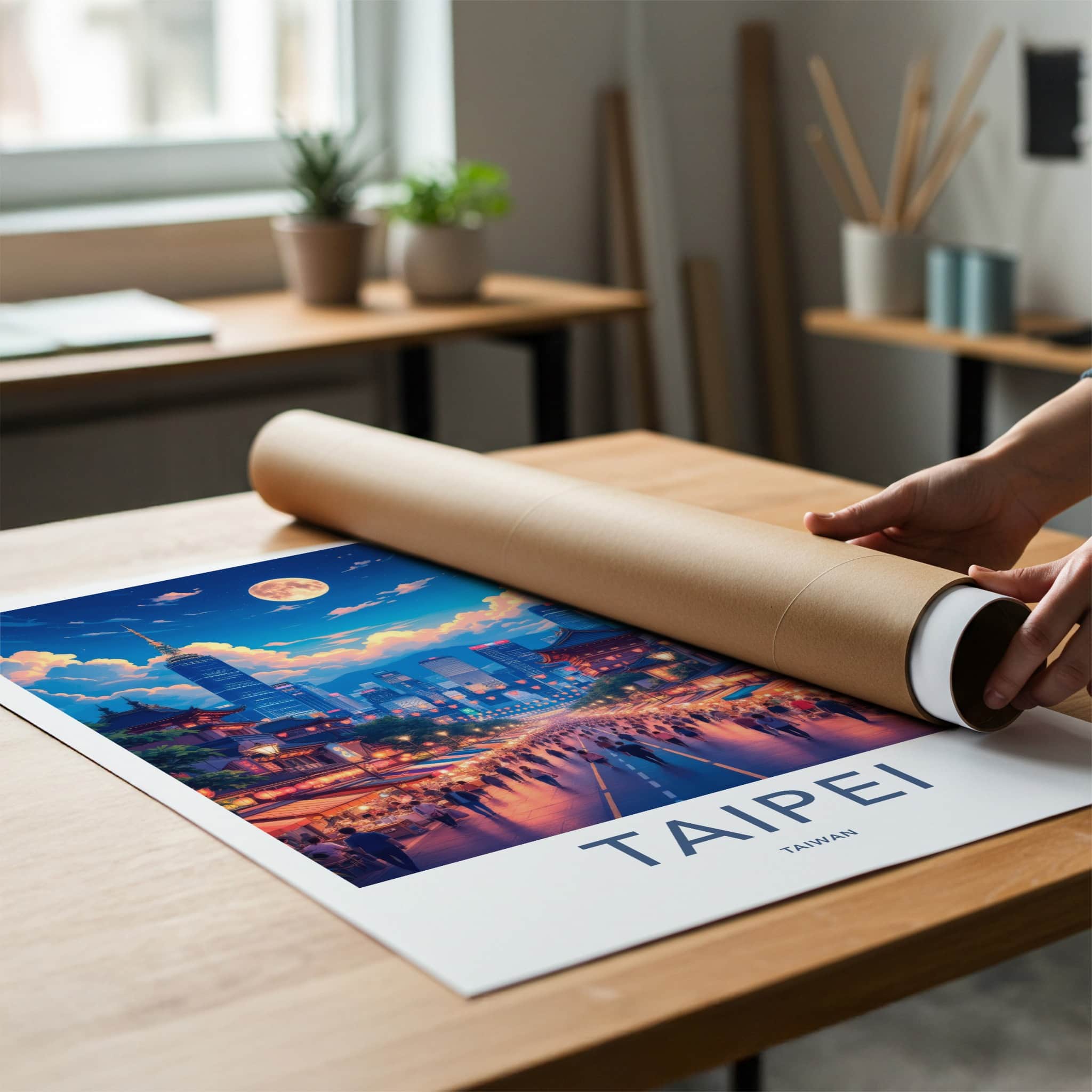 Taipei Poster - Taiwan Framed Print - Vibrant Moonlit Skyline Lounge Decor