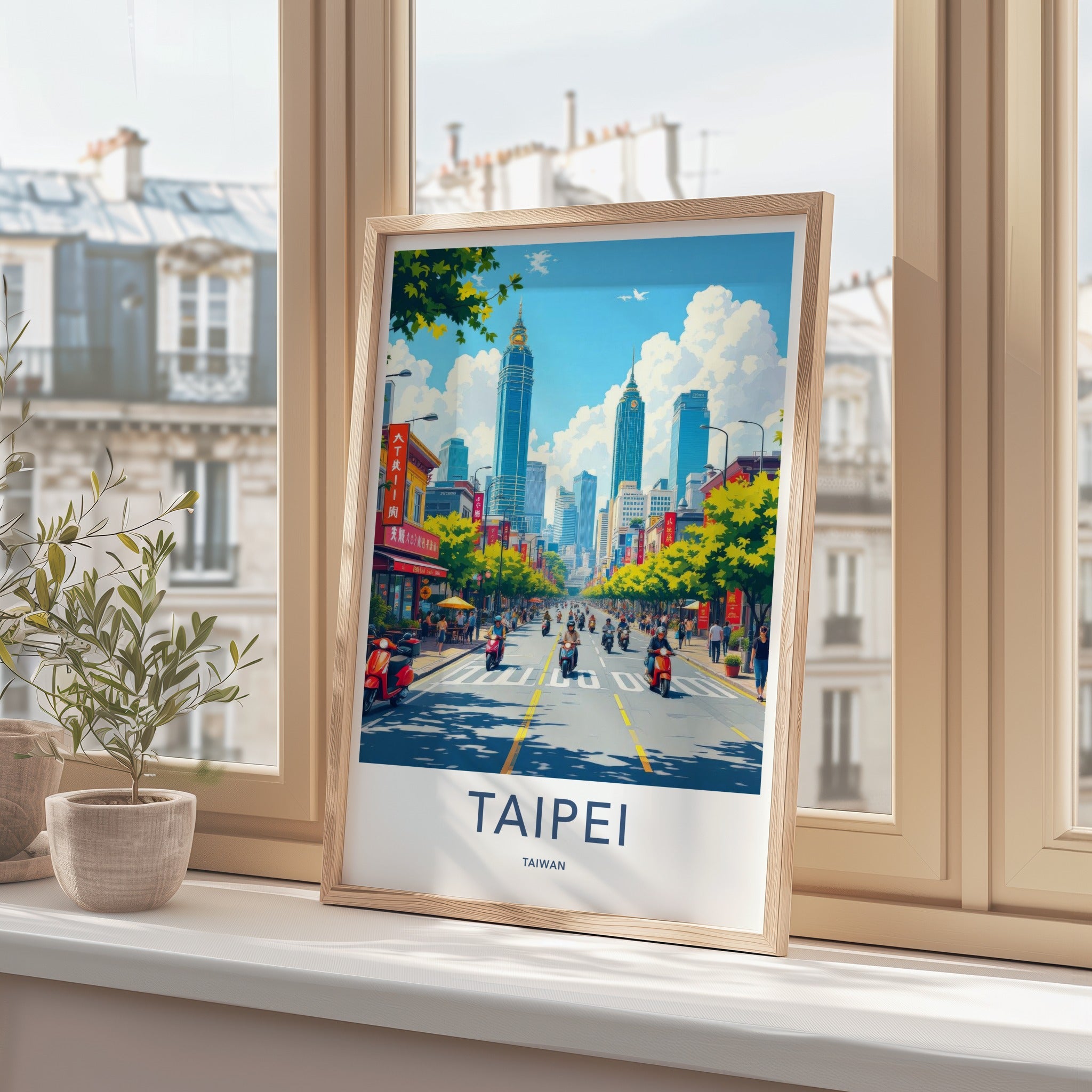 Taipei Poster - Taiwan Travel Art - Bustling Scooter Traffic Home Decor
