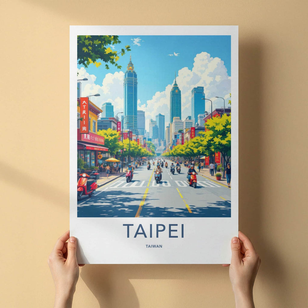 Taipei Poster - Taiwan Travel Art - Bustling Scooter Traffic Home Decor