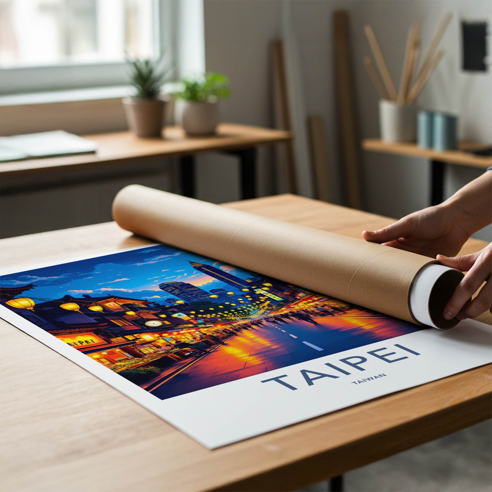 Taipei Poster - Taiwan Travel Art - Illuminated City Street Home Decor