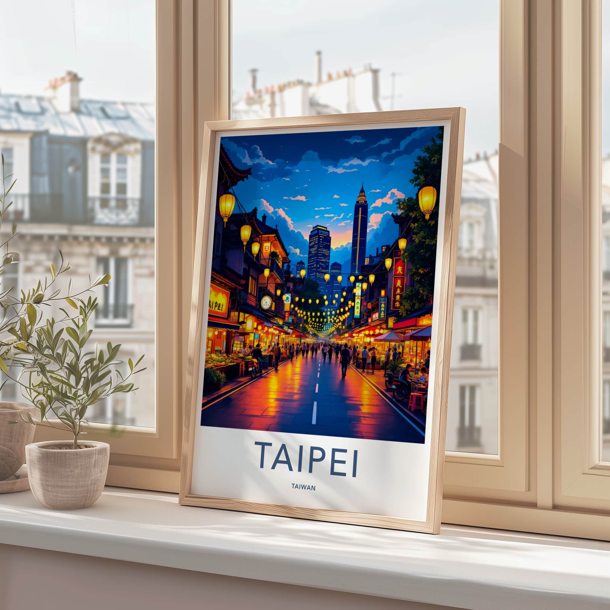 Taipei Poster - Taiwan Travel Art - Illuminated City Street Home Decor