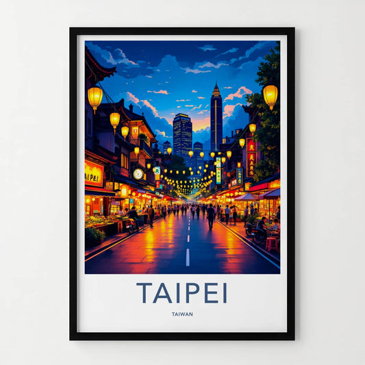 Taipei Poster - Taiwan Travel Art - Illuminated City Street Home Decor