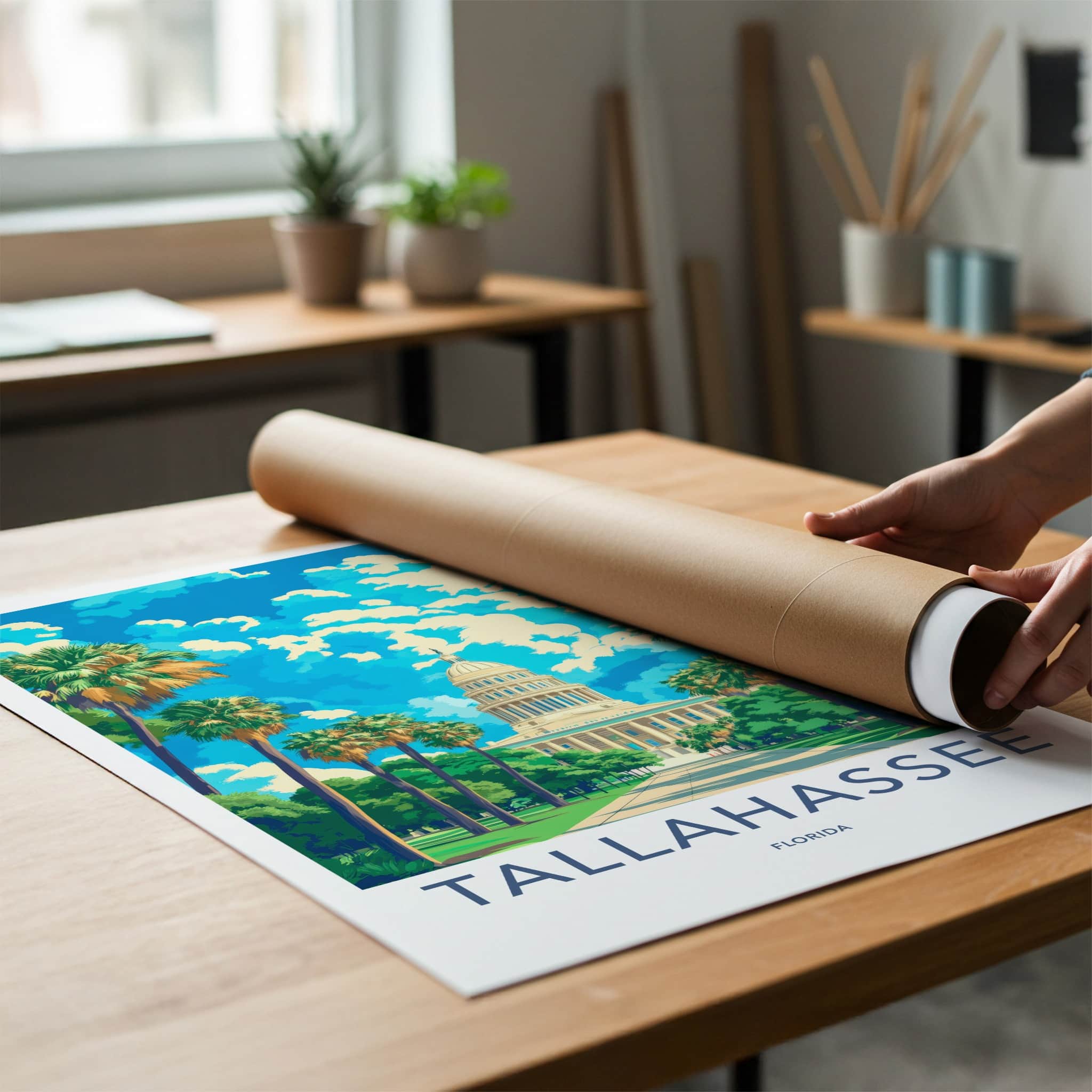 Tallahassee Poster - Florida Travel Art - State Capitol Palms Home Decor