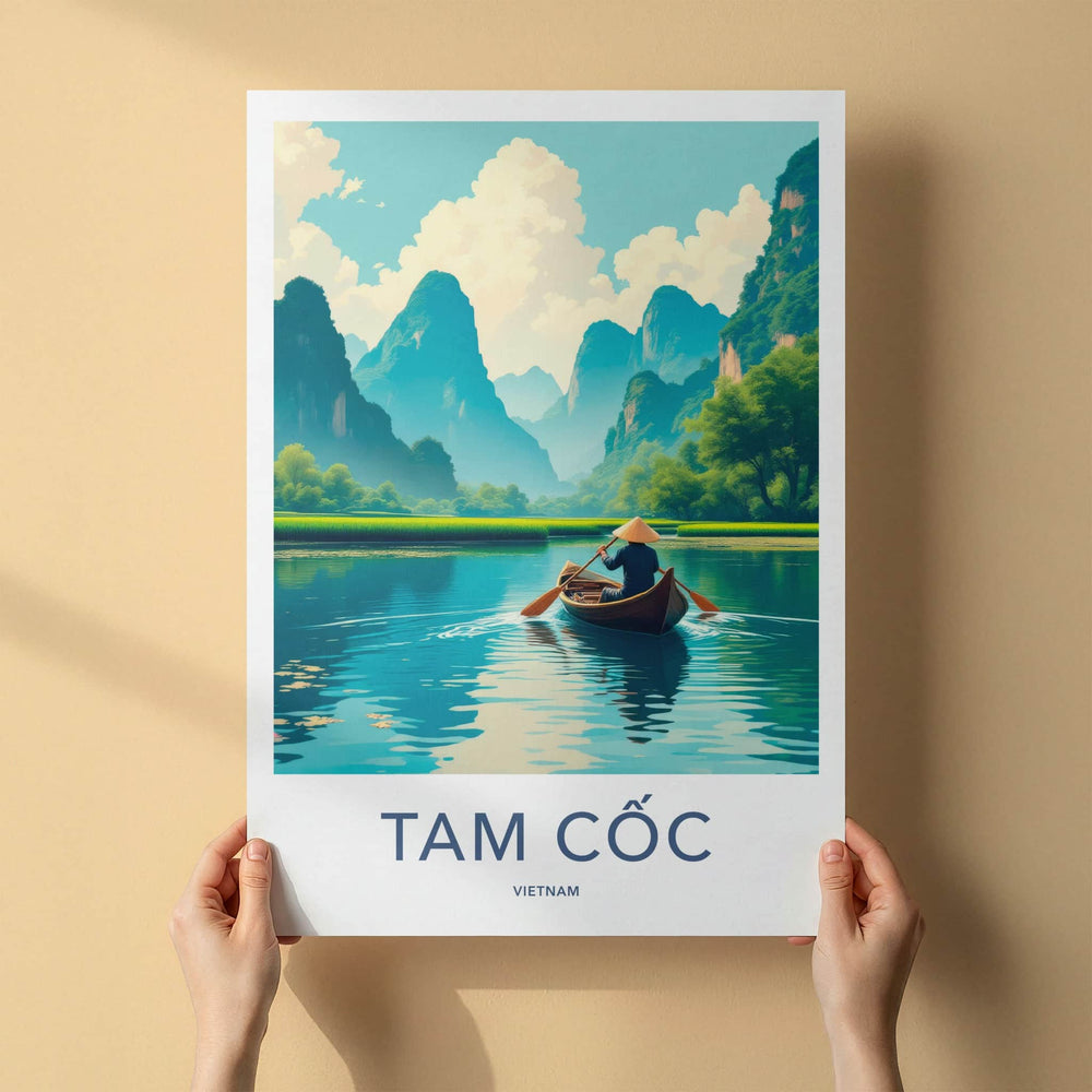 Tam Coc Poster - Vietnam Travel Art - Boater Green Mountains Home Decor