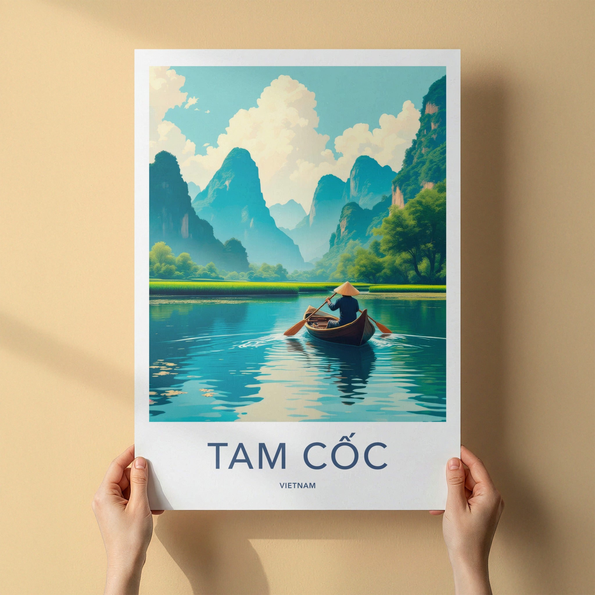 Tam Coc Poster - Vietnam Travel Art - Boater Green Mountains Home Decor