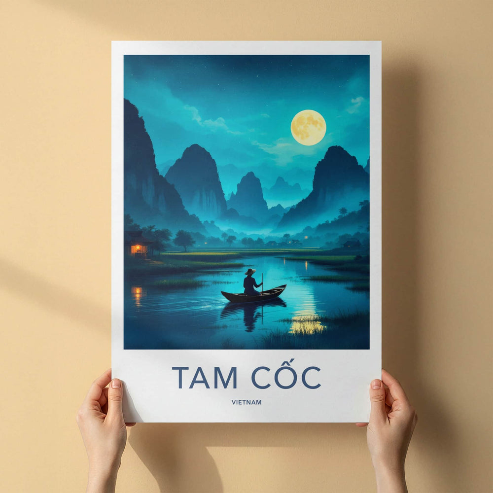 Tam Coc Poster - Vietnam Travel Art - Moonlit River Scene Home Decor