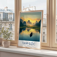 Tam Coc Poster - Vietnam Travel Print - Boat Mountain Sunset Wall Decor