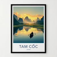 Tam Coc Poster - Vietnam Travel Print - Boat Mountain Sunset Wall Decor