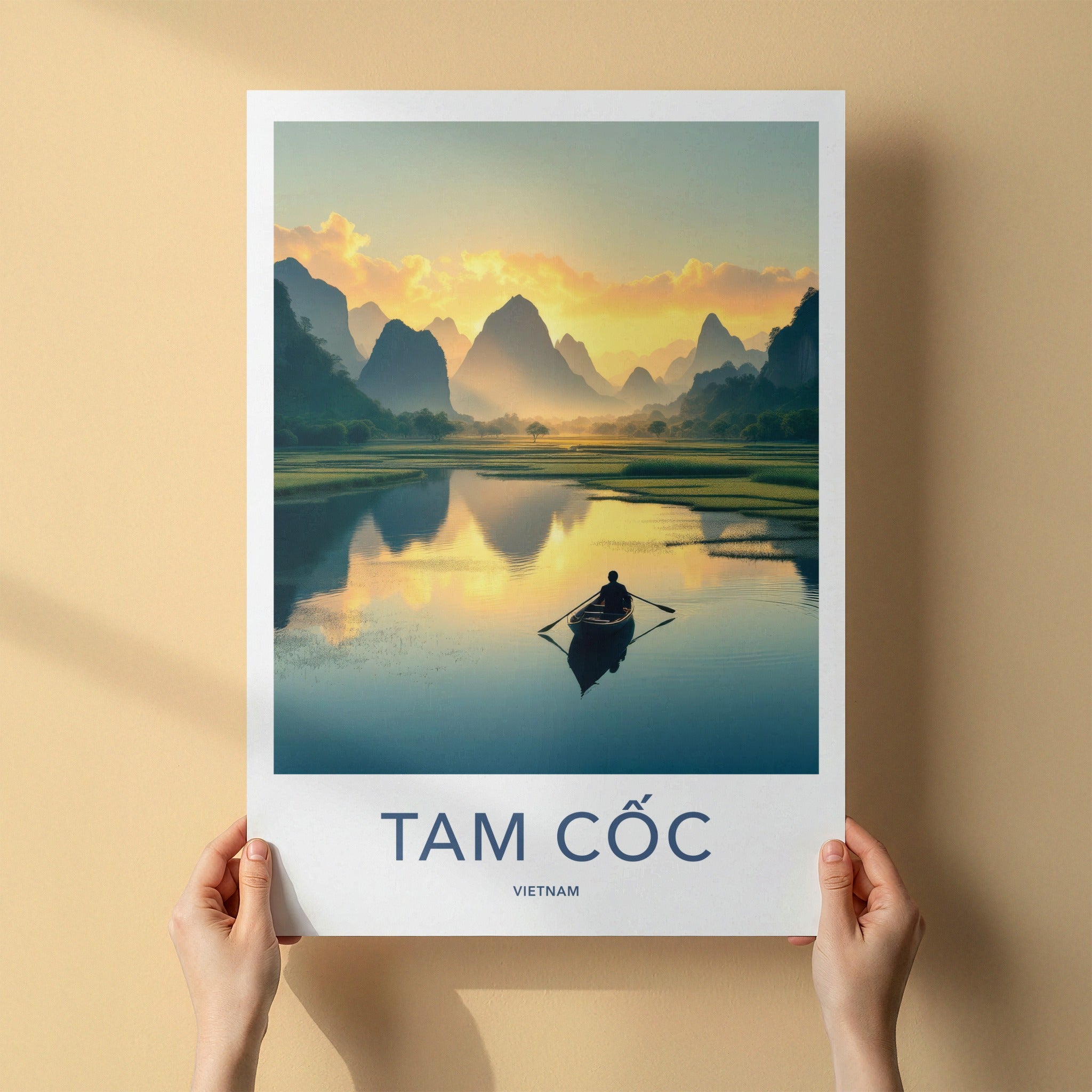 Tam Coc Poster - Vietnam Travel Print - Boat Mountain Sunset Wall Decor