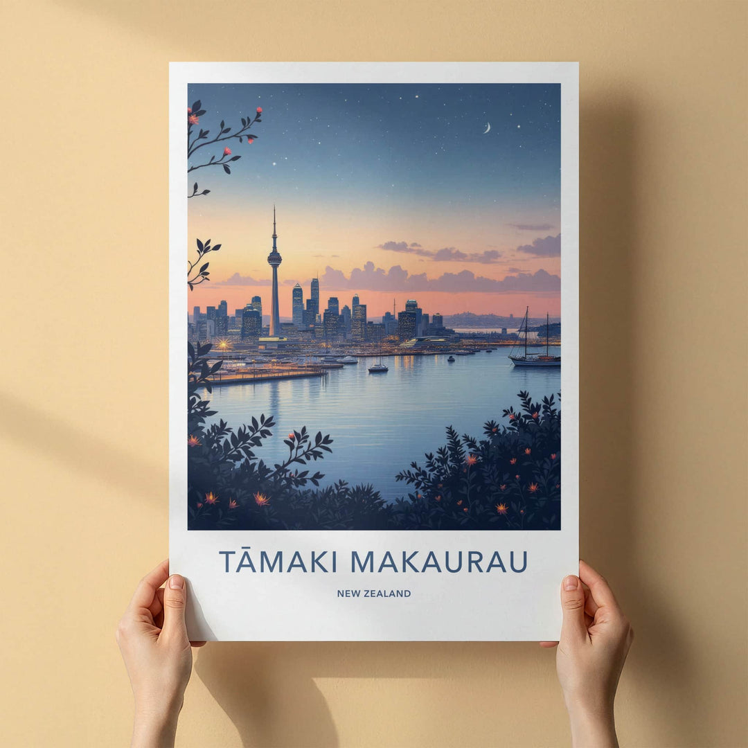 Tamaki Makaurau Poster - New Zealand Travel Art - Harbor City Skyline Home Decor