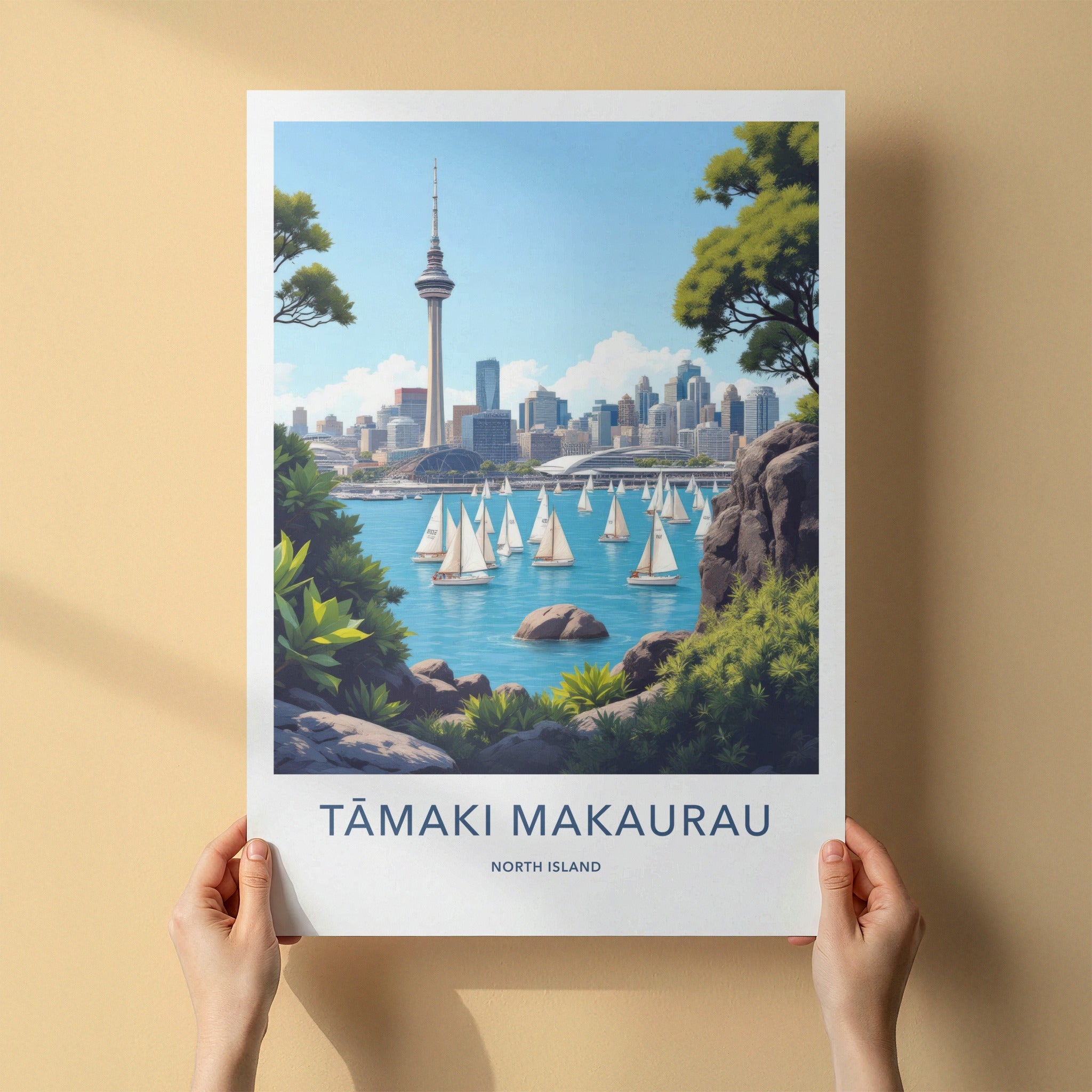 Tamaki Makaurau Poster - New Zealand Travel Art - Sky Tower Sailboats Home Decor