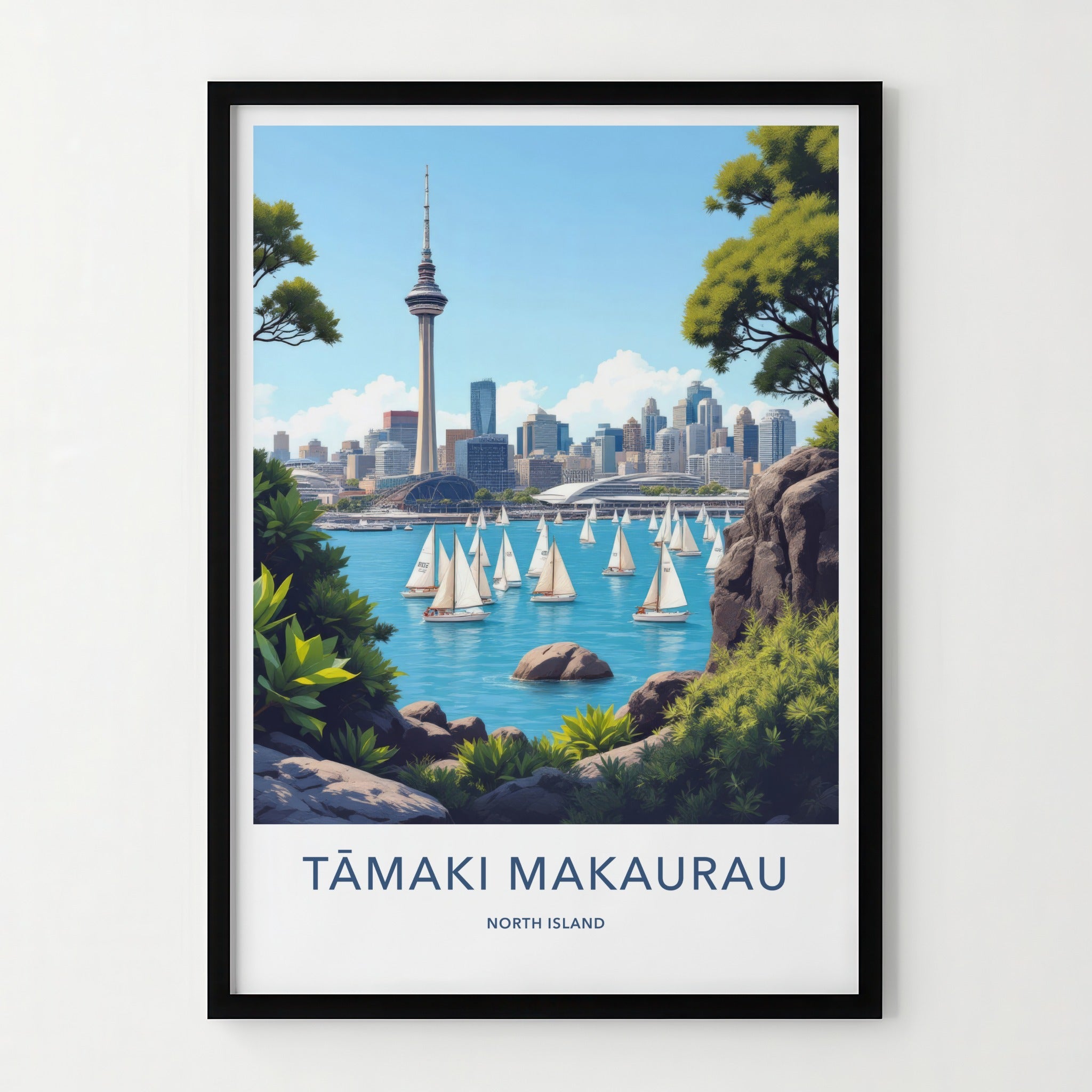 Tamaki Makaurau Poster - New Zealand Travel Art - Sky Tower Sailboats Home Decor