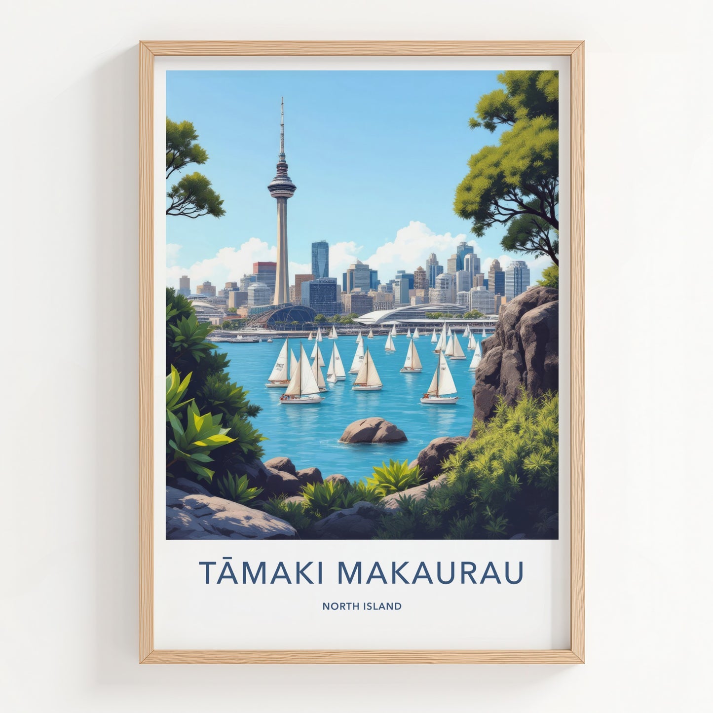 Tamaki Makaurau Poster - New Zealand Travel Art - Sky Tower Sailboats Home Decor