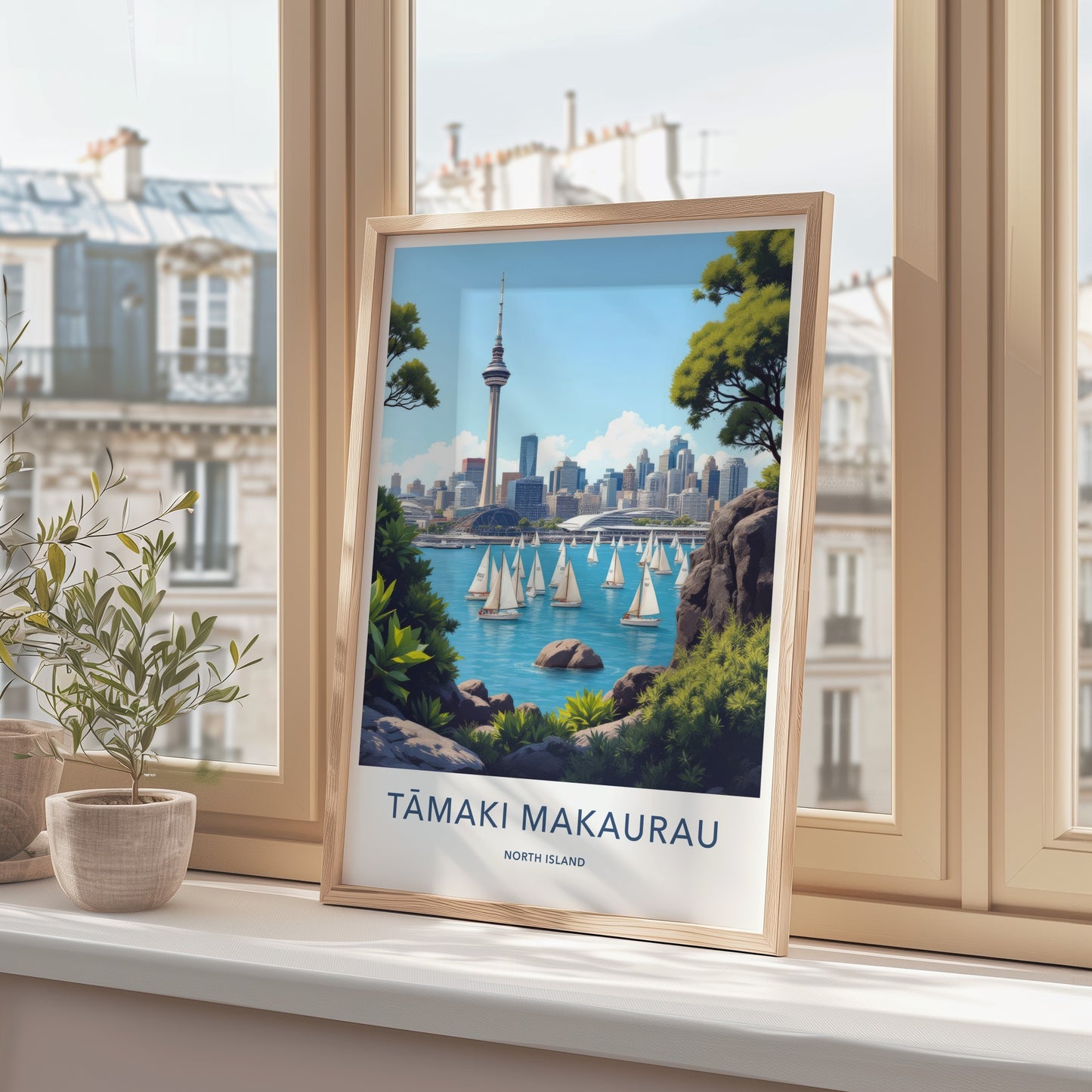 Tamaki Makaurau Poster - New Zealand Travel Art - Sky Tower Sailboats Home Decor