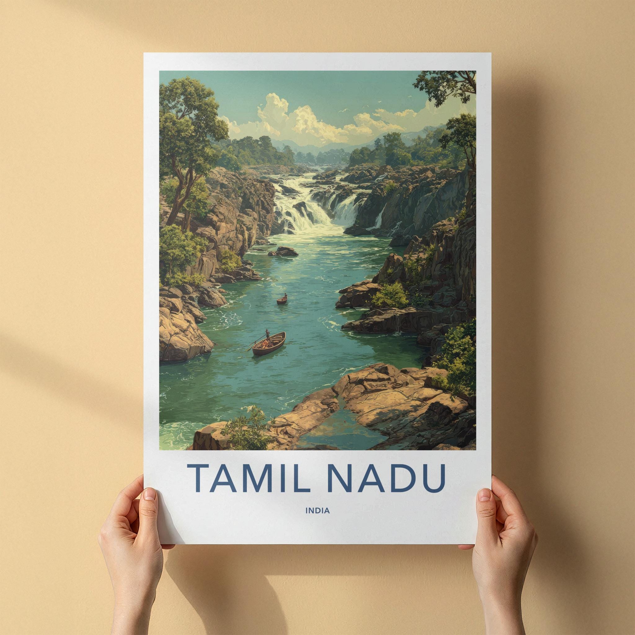 Tamil Nadu Poster - India Travel Art - Tamil Nadu Rocky River Falls Home Decor