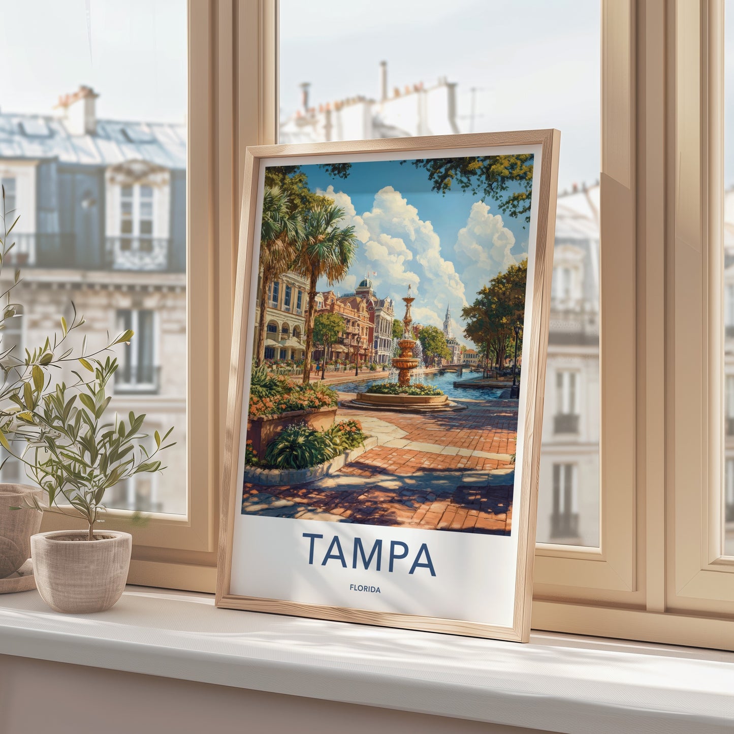 Tampa Poster - Florida Travel Art - Waterfront City Fountain Home Decor