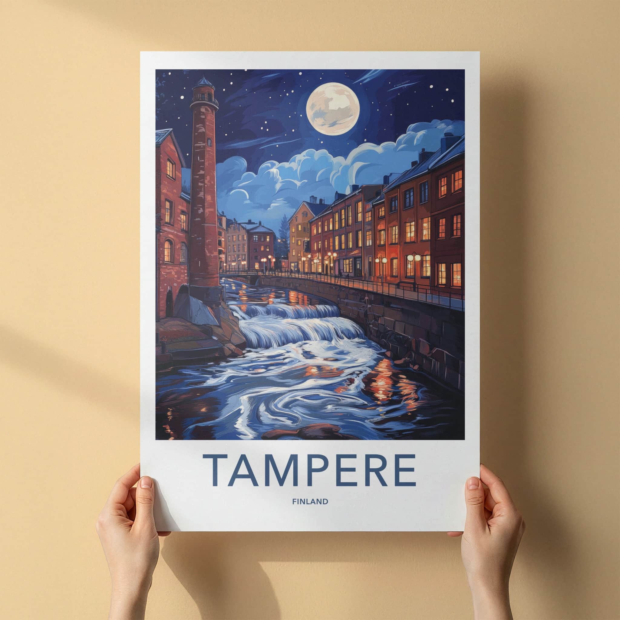 Tampere Poster - Finland Travel Art - Cascading River Illuminated Home Decor