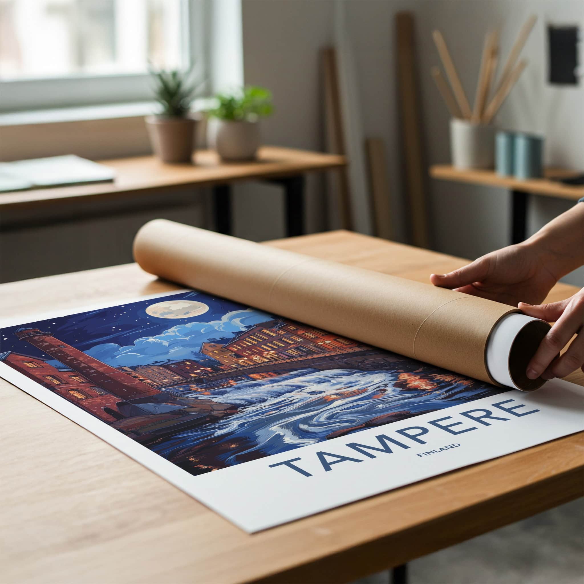 Tampere Poster - Finland Travel Art - Cascading River Illuminated Home Decor