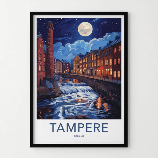 Tampere Poster - Finland Travel Art - Cascading River Illuminated Home Decor