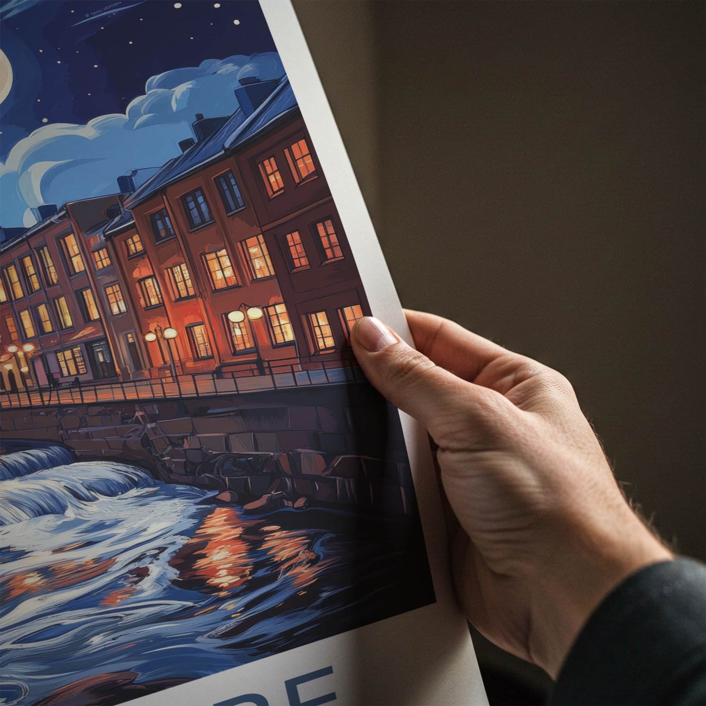 Tampere Poster - Finland Travel Art - Cascading River Illuminated Home Decor