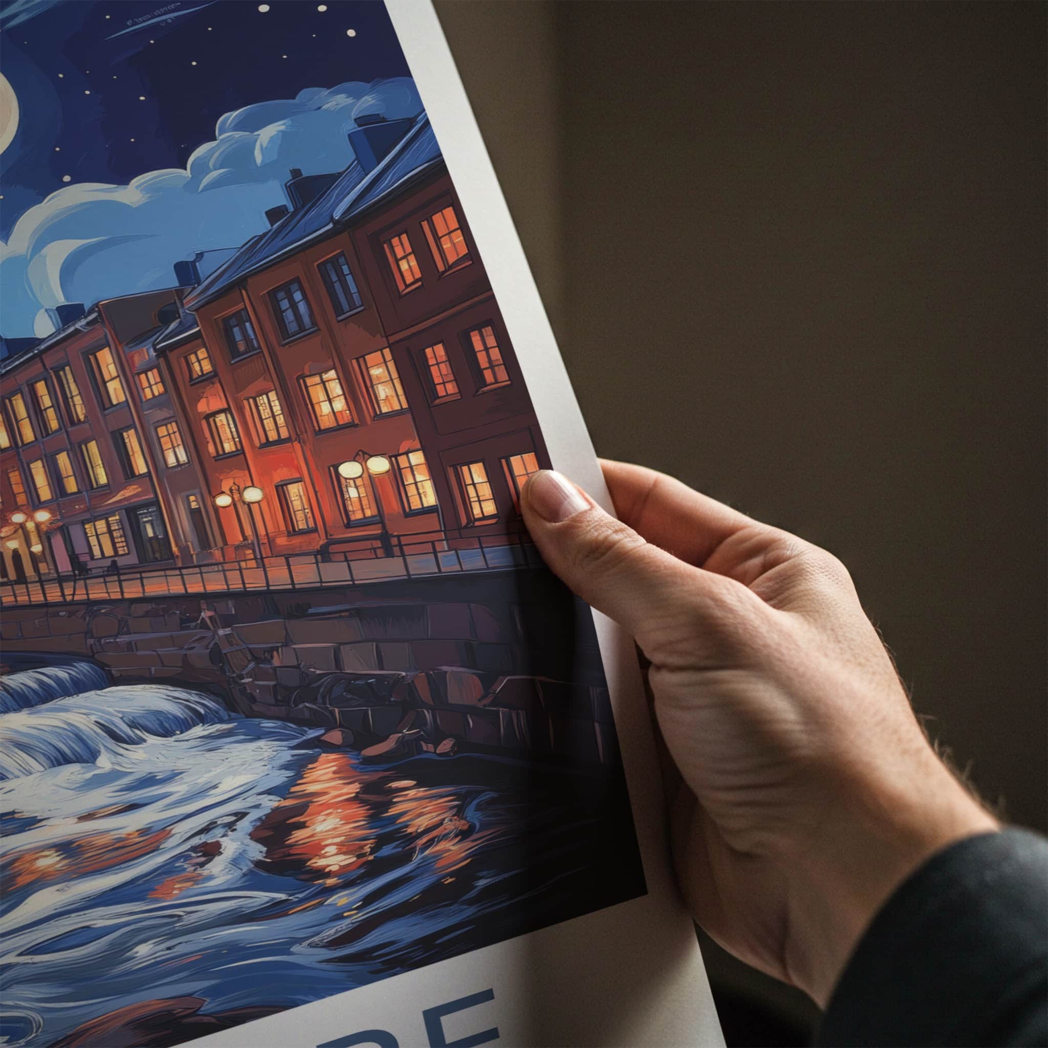 Tampere Poster - Finland Travel Art - Cascading River Illuminated Home Decor