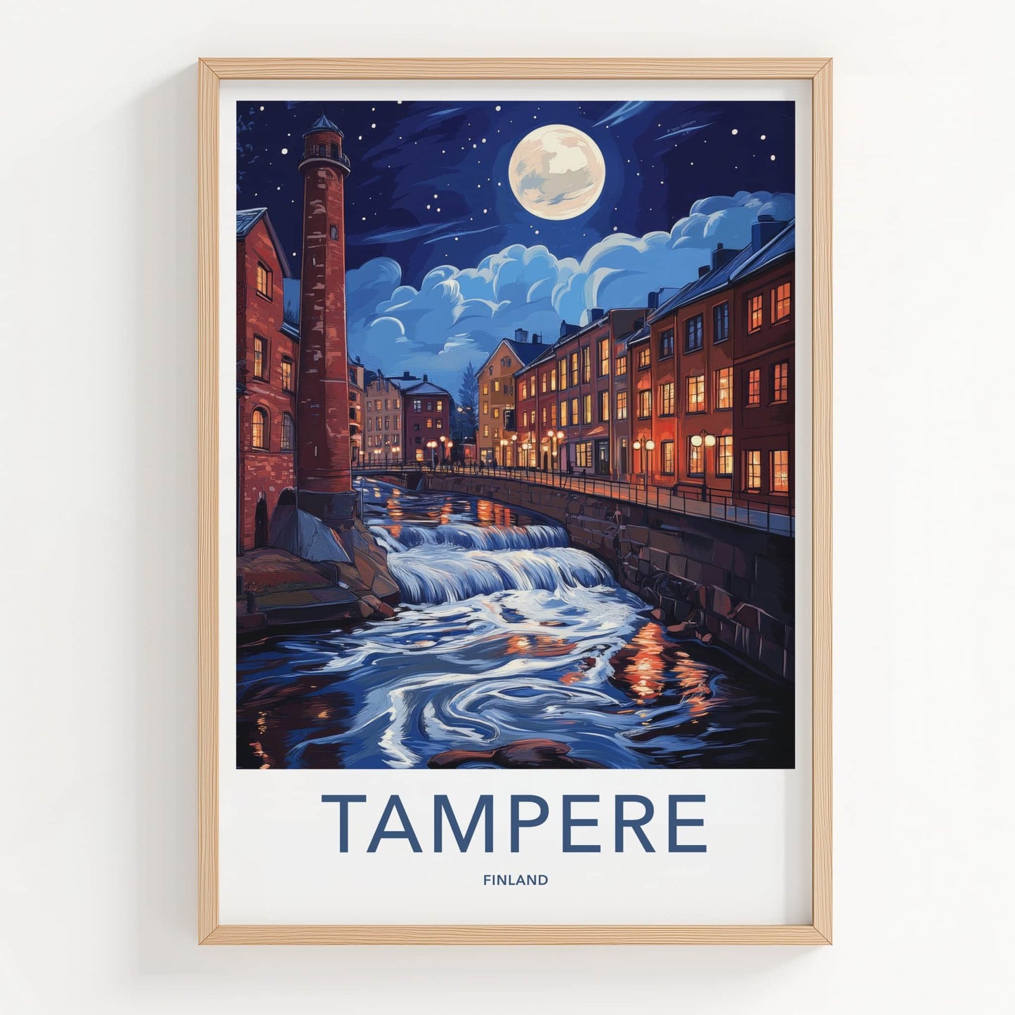 Tampere Poster - Finland Travel Art - Cascading River Illuminated Home Decor
